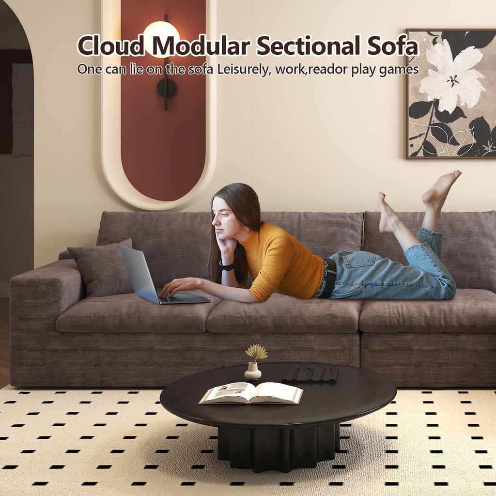 136.6'' U-Shaped Modern Modular Sectional Cloud Couch Whit Ottoman, 4-Seat Chenille Deep-Seat Sofa with Pillow for Living Room, Bedroom, Apartment, Camel