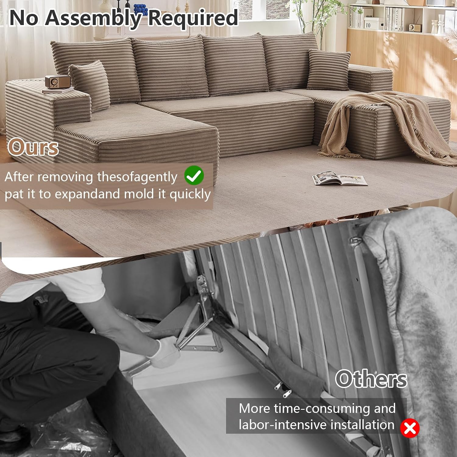 134.2' Modular Sectional Sofa, Modern Corduroy Cloud Couch with Deep Seat, Boneless Couch Upholstered 4-Seater U-Shaped Sofa for Living Room, No Assembly Required (Camel)