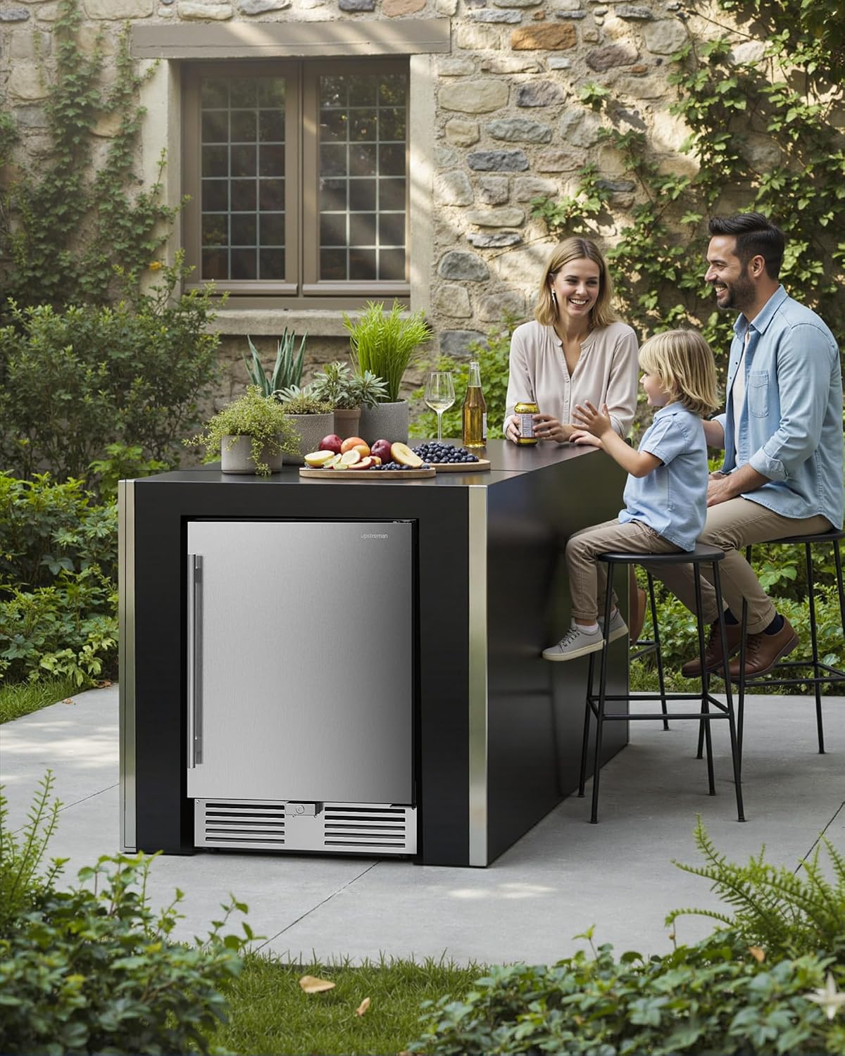 Upstreman 24 Inch Outdoor Refrigerator, 170 Can Under Counter Refrigerator with Stainless Steel Door, Weatherproof, LED Light, Beverage Fridge for Home, Patio or Commercial Use-BR50