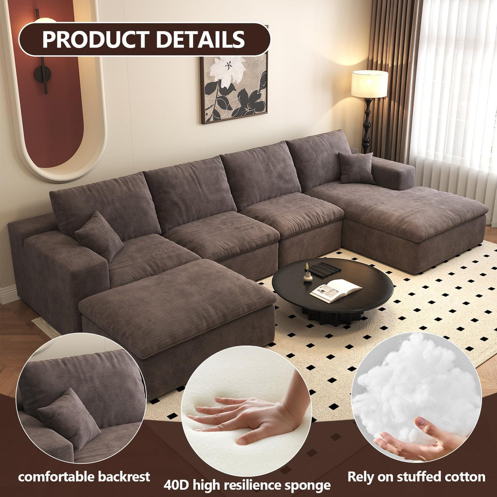 136.6'' U-Shaped Modern Modular Sectional Cloud Couch Whit Ottoman, 4-Seat Chenille Deep-Seat Sofa with Pillow for Living Room, Bedroom, Apartment, Camel