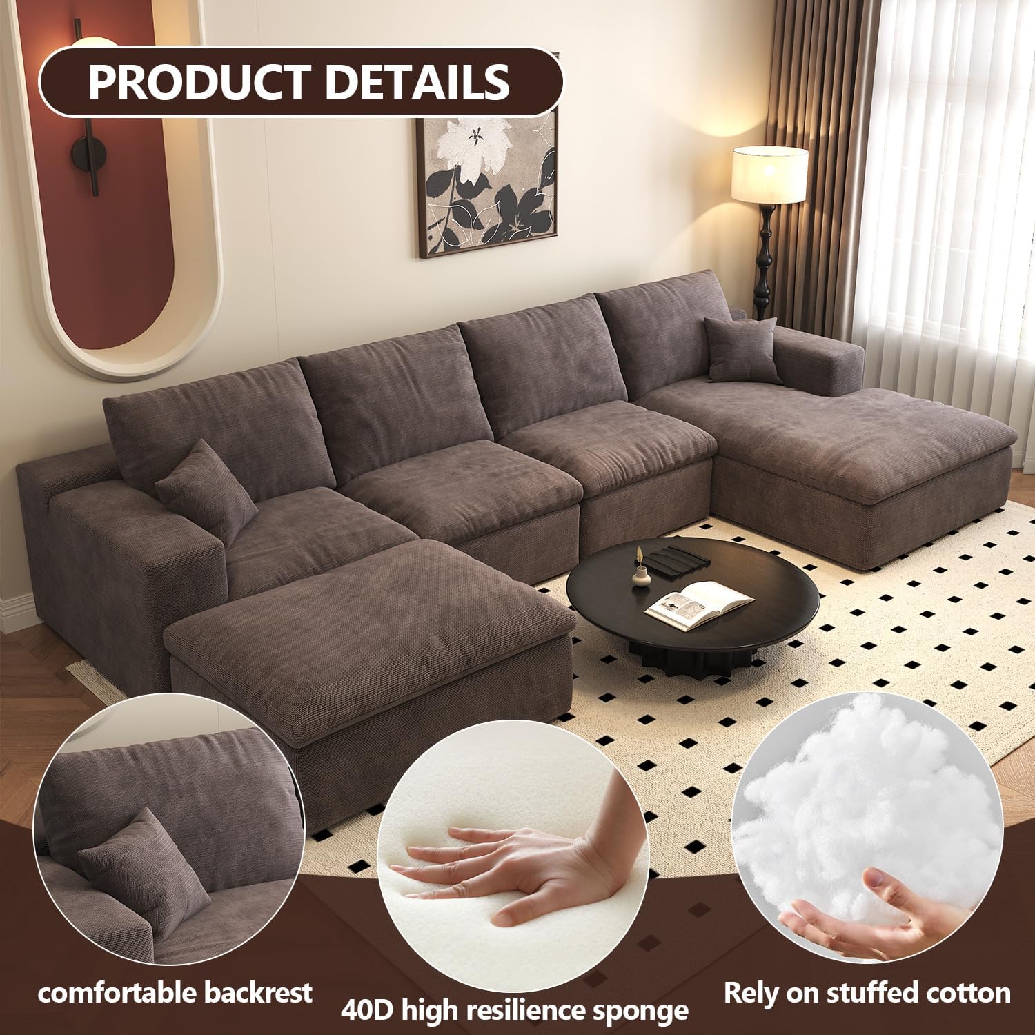 136.6'' U-Shaped Modern Modular Sectional Cloud Couch Whit Ottoman, 4-Seat Chenille Deep-Seat Sofa with Pillow for Living Room, Bedroom, Apartment, Camel