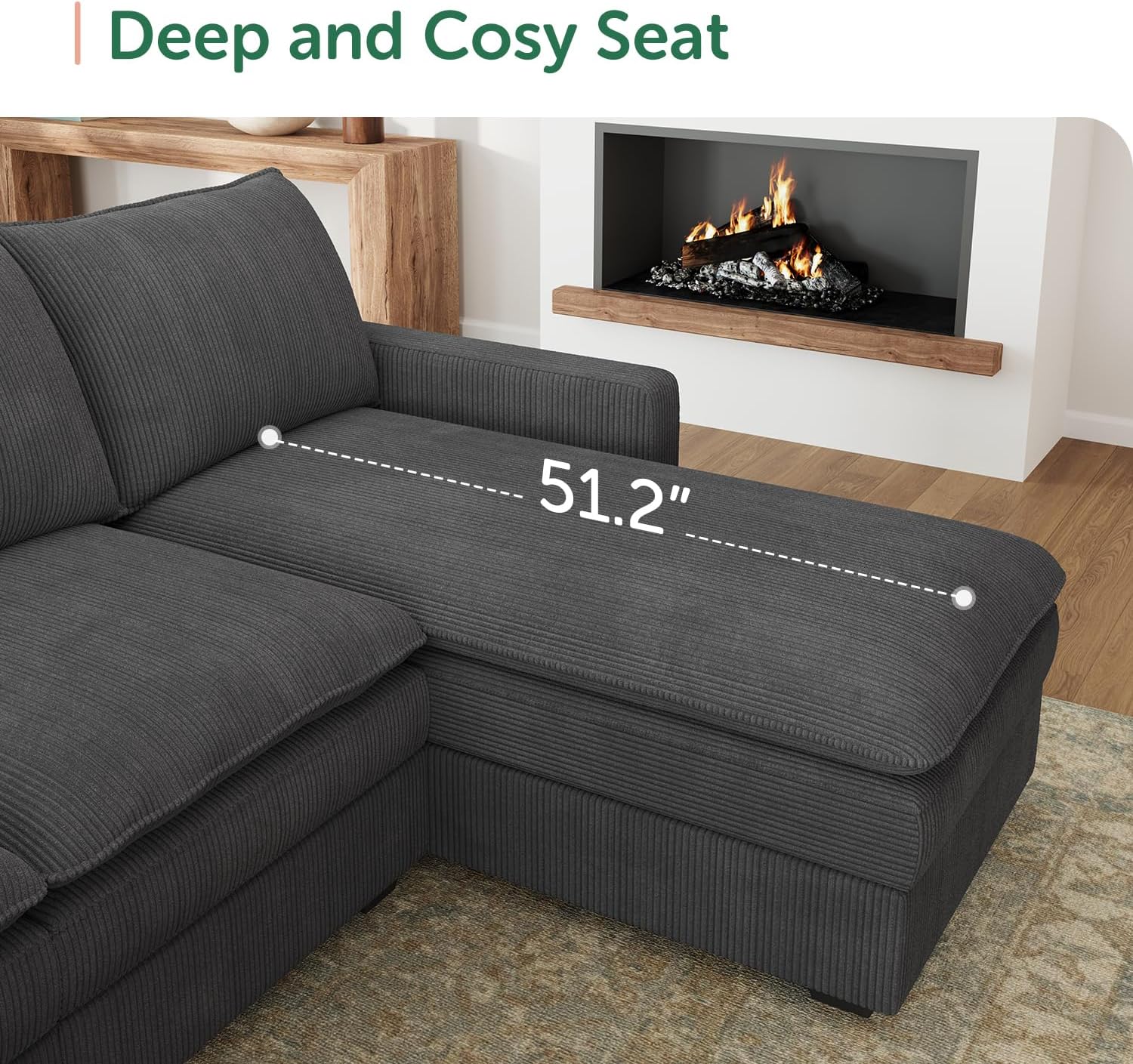 HONBAY 127.2 Inch Corduroy Cloud Modular Sectional Sofa with Chaise, Deep Seat U-Shaped Couch with Storage for Living Room, Apartment, Small Space,Dark Grey