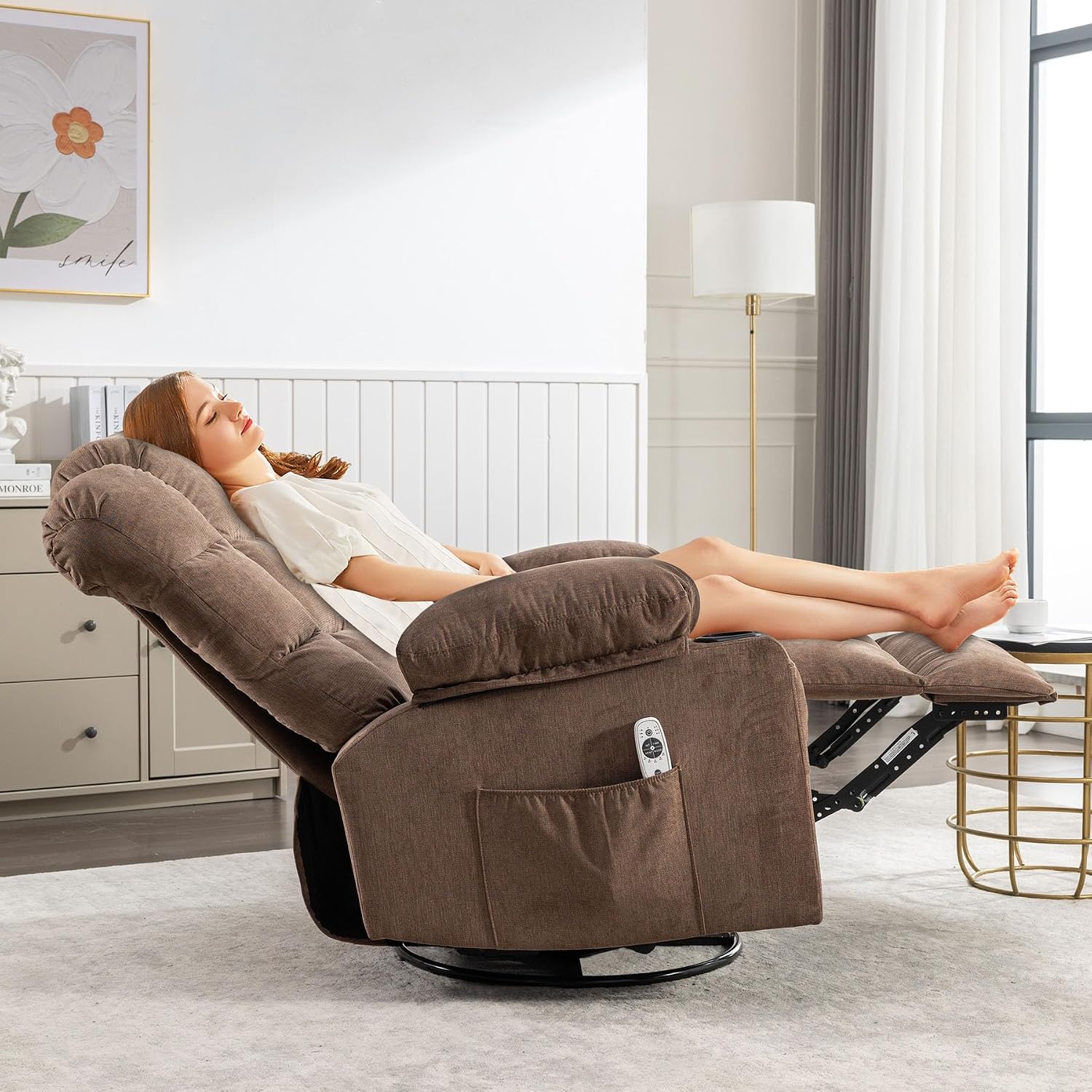 Massage Chair Recliner with Heat&USB,Comfotable Lazy Boy Recliner Chair with Cup Holder&2 Side Pockets,Manual Recliner Chair for Adults,Bread-Shaped,Heavy Duty,Fabric (Brown2)