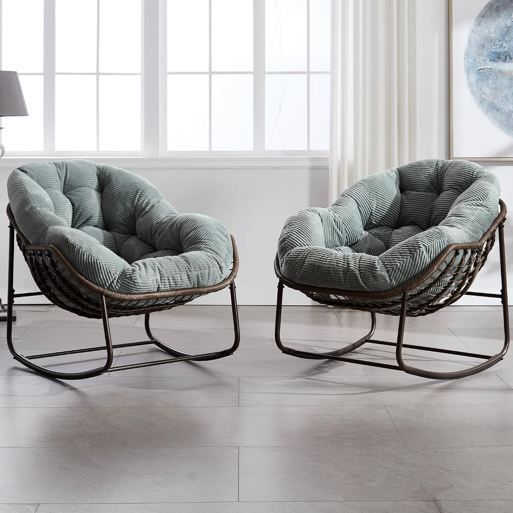 HOMEFUN Outdoor Patio Rocking Chairs Set of 2, Oversized Papasan Rock Chair Indoor with Striped Velvet Padded Cushion - Rocker Egg Seat for Front Porch, Garden, Patio, Backyard Green