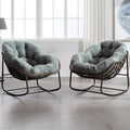 HOMEFUN Outdoor Patio Rocking Chairs Set of 2, Oversized Papasan Rock Chair Indoor with Striped Velvet Padded Cushion - Rocker Egg Seat for Front Porch, Garden, Patio, Backyard Green