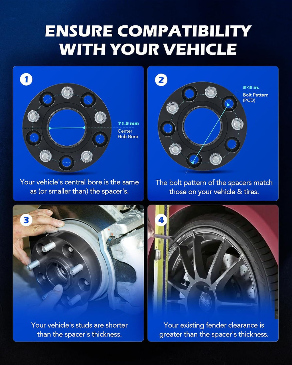 Orion Motor Tech 5x5 Wheel Spacers Compatible with Jeep Wrangler JK Grand Cherokee Commander, 1.5' Wheel Spacers with 1/2x20 Studs, 5x127 71.5 mm Hub Centric Wheel Spacer Kit, Set of 4, Black