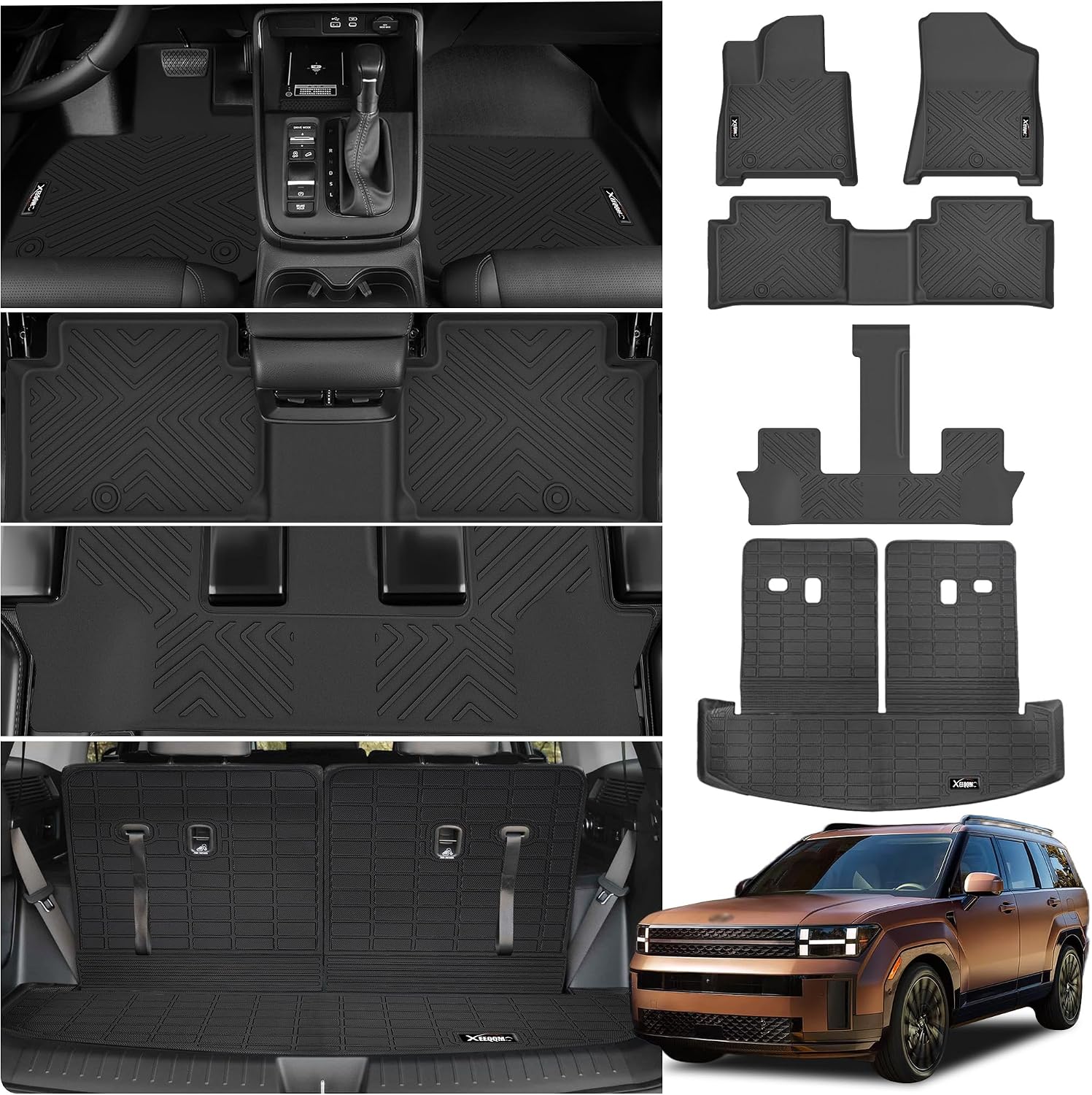 Floor Mats &Trunk Mat for 2024 2025 Hyundai Santa FE (Not for Hybrid) Seat with Backrest Mat All Weather TPE Rubber Cargo Liner Back Seat Cover 3rd Row for 2024 Hyundai Santa FE Accessories