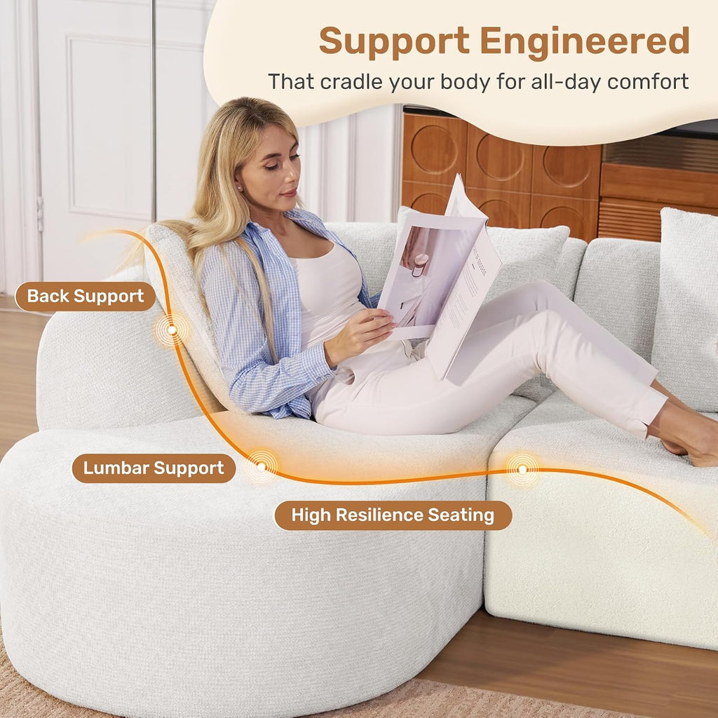 114 Inch Boneless Curved Couches for Living Room,Modern Modular Sectional Sofa with Chaise,L-Shape Cloud Sectional Couch,No Assembly Required,Beige