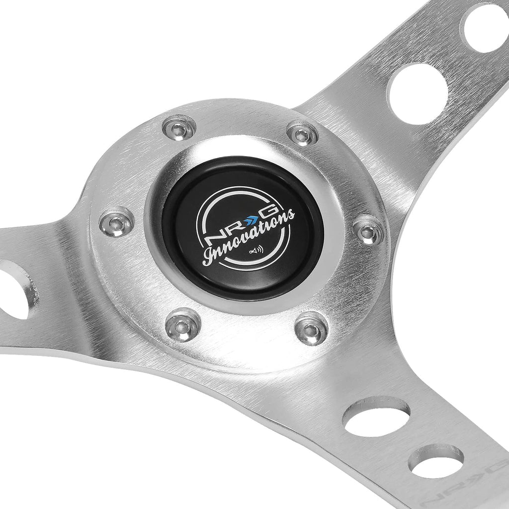 NRG Innovations NRG-RST-006WT-Y Reinforced Steering Wheel 350mm Sport Steering Wheel (3' Deep), Silver Spoke with White Leather Finish and White Stitch