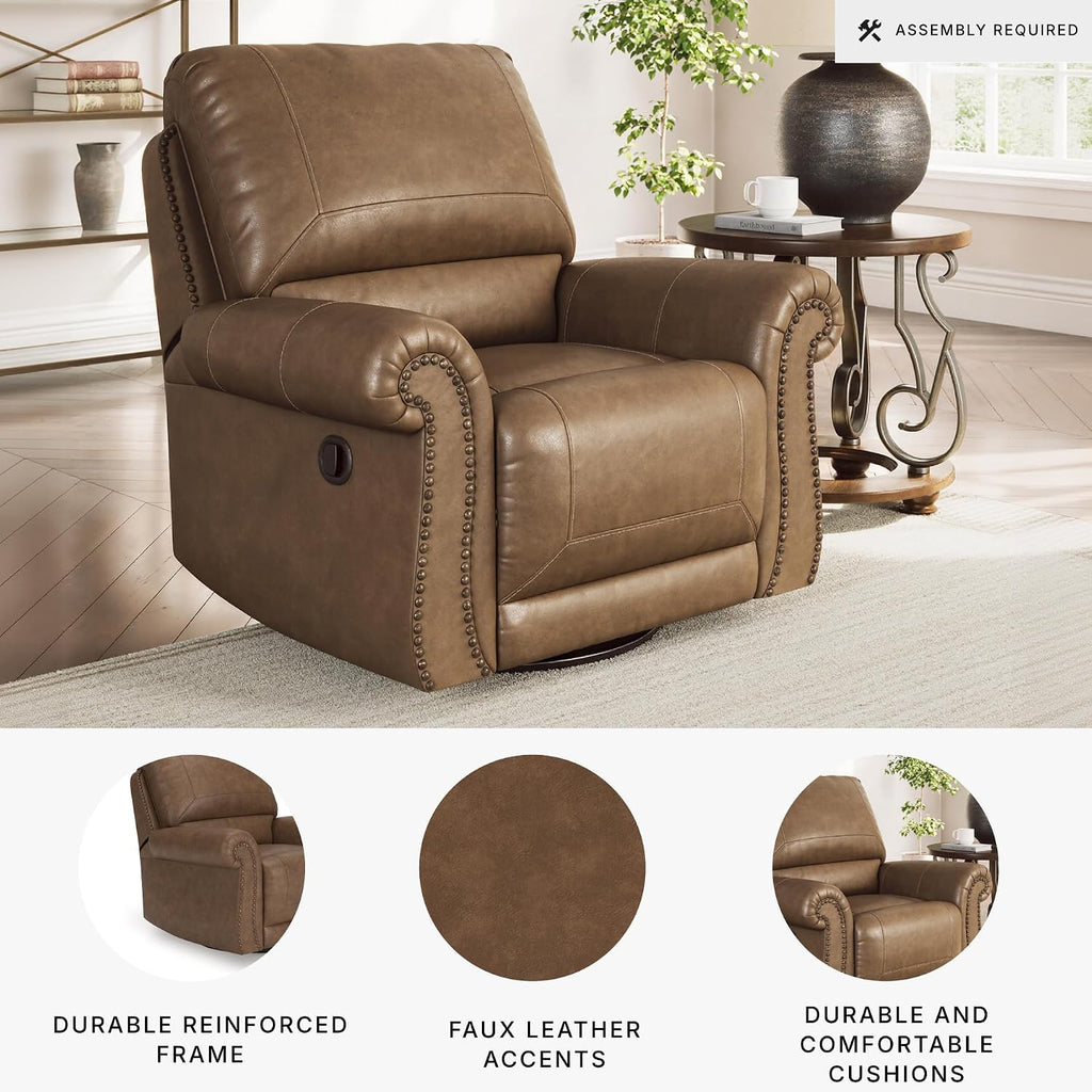 Signature Design by Ashley Shadsburne Classic Faux Leather Manual Rocker Swivel Glider Recliner with Nailhead Trim, Brown
