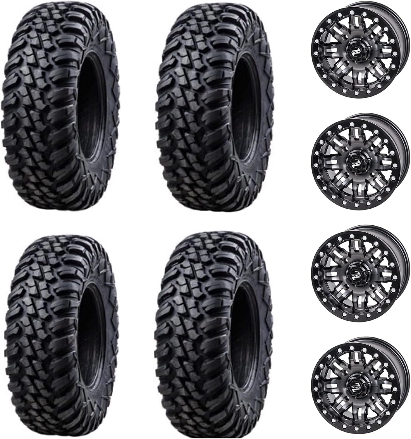 Four 32x10-14 Tusk TERRABITE 8-Ply Radial UTV Tires mounted on Tusk TETON Beadlock Wheels - POLARIS UTVs - 4/156 bolt pattern - Includes Lug Nuts (4+3 Wheel Offset, Gun Metal)
