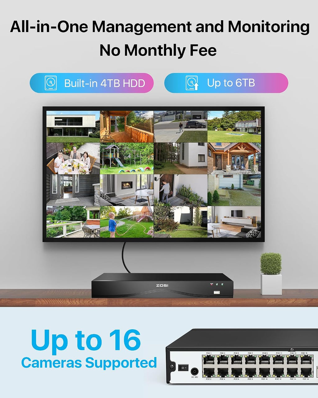 ZOSI 4K 24CH Network Video Recorder, 24 Channel 16-Port 8MP Dual-Disk Backup POE NVR Surveillance System, Pre-Installed 4TB Hard Drive, 24/7 Recording, Only Work with 4K/5MP/4MP/3MP HD ZOSI PoE Camera