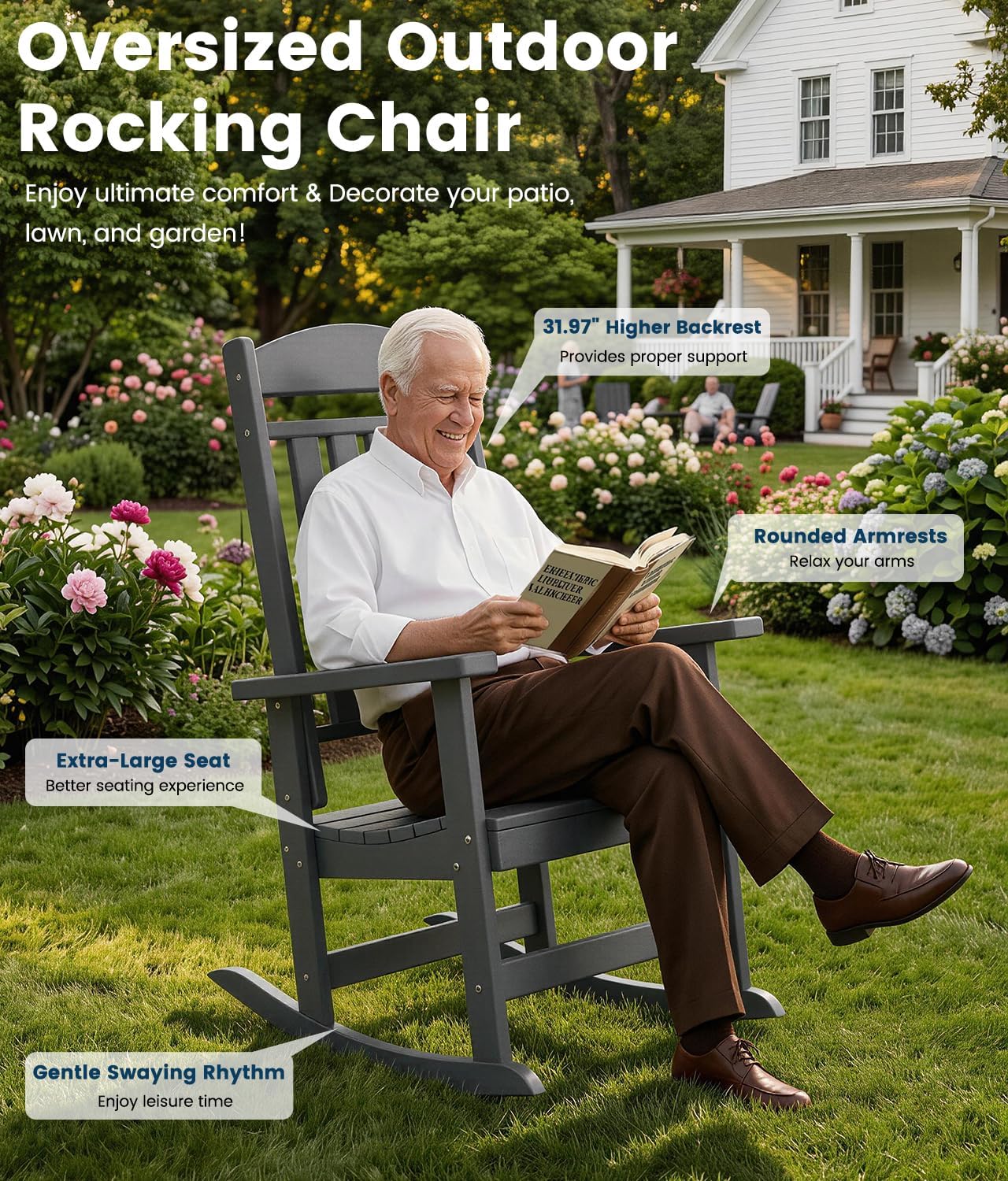 FOOWIN Outdoor Rocking Chair Set of 8, High Back Patio Rocking Chair, HDPE All Weather Resistant Porch Rocker for Adult, Oversized Rocking Chairs for Garden, Lawn, Indoor & Outdoor Use, Grey