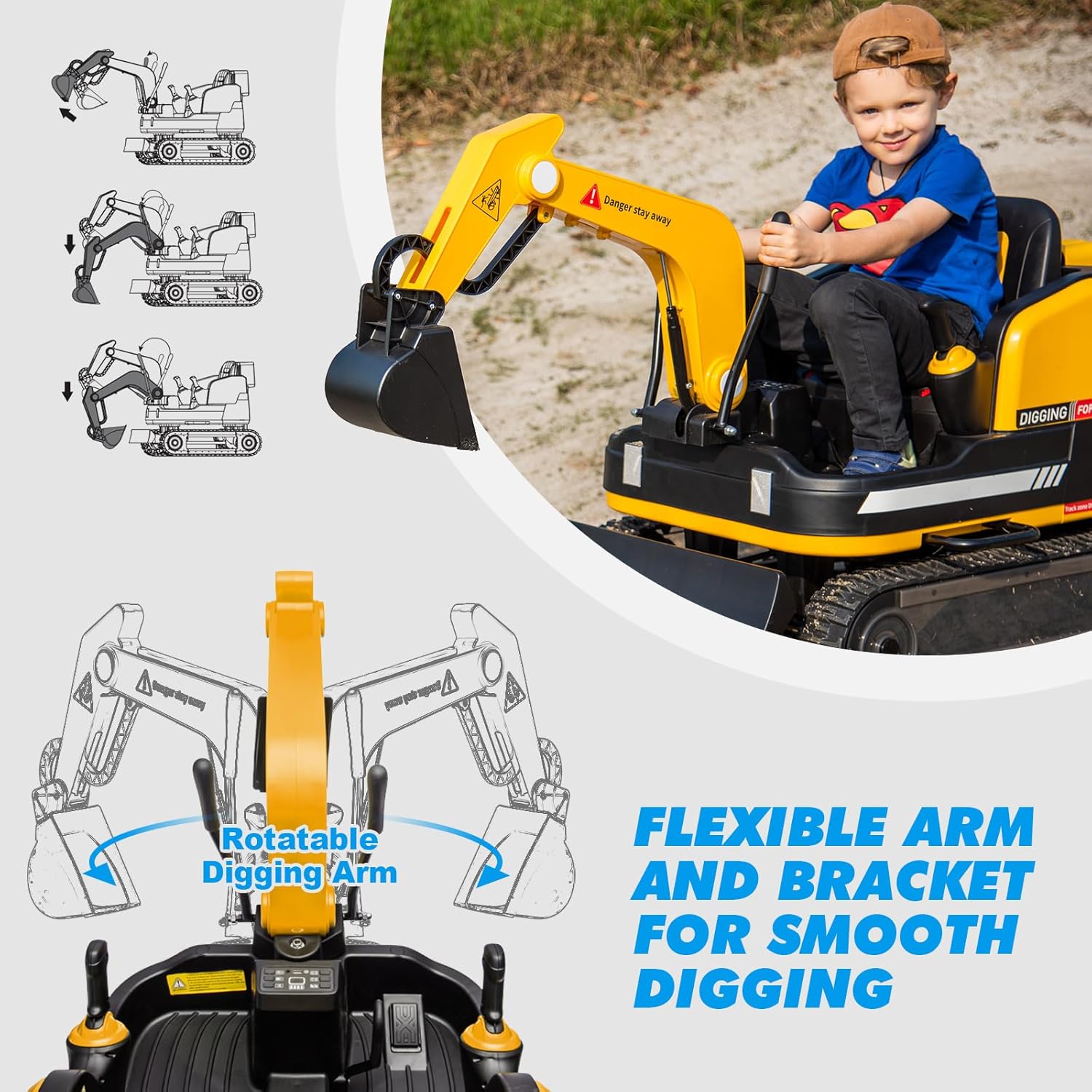 360 Degree Rotating Ride On Excavator and Bulldozer,JOYLDIAS 12V12AH Battery Powered Ride On Toy Backhoe W/Track Design Wheels for All Terrain,Remote Control,MP3,Toolbox for Kids,Parent,Yellow