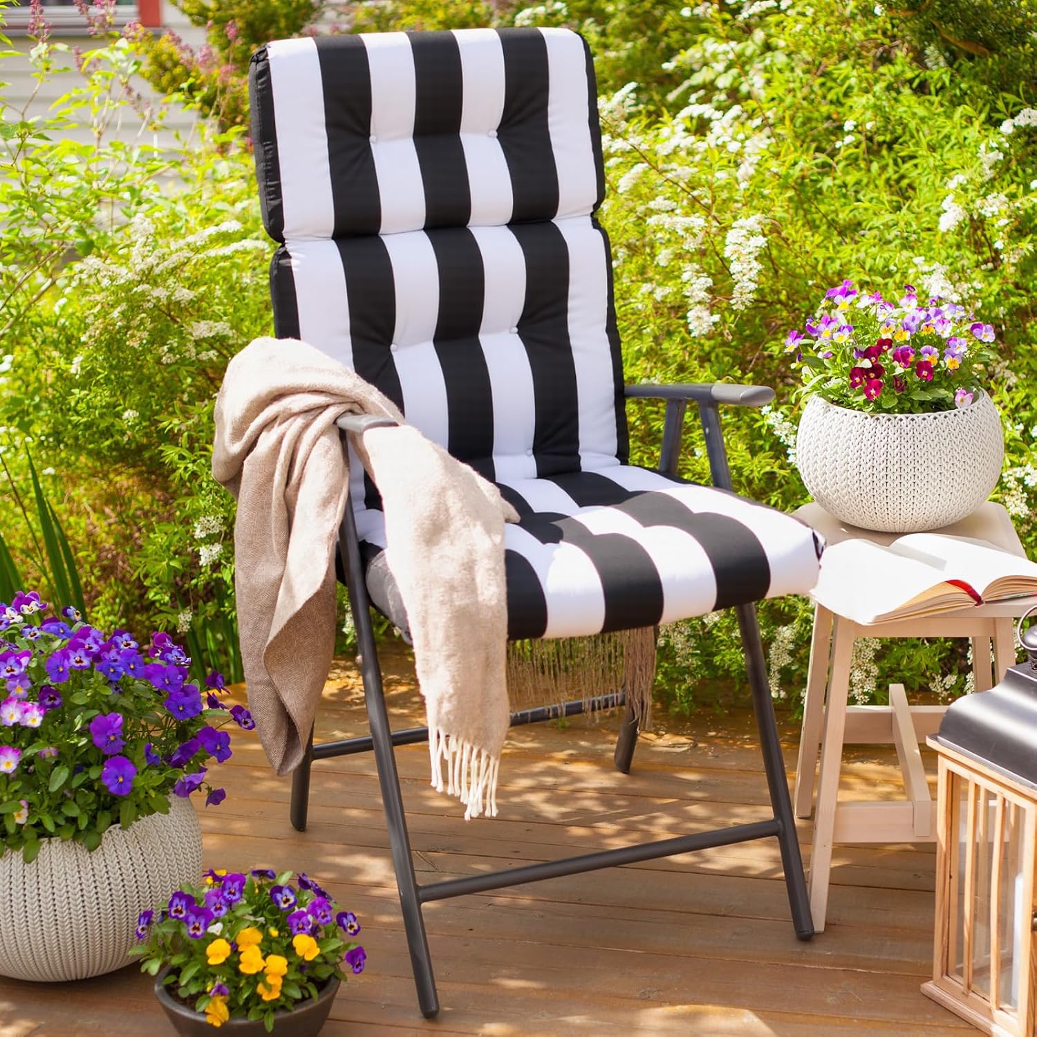 Hoteam 6 Pcs High Back Chair Cushions Set - 44'' x 21'' Indoor Outdoor Waterproof Soft Thicken Stripes Replaceable Cushion for Garden Summer Rocking Chair, Patio Furniture (Black Stripes)