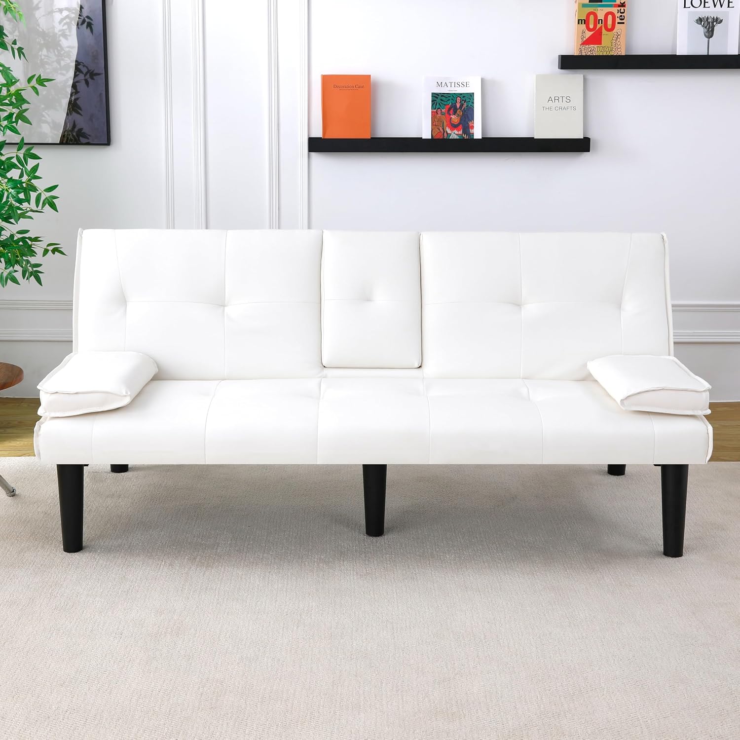 KEIKI 67' Convertible Sofa Bed with Cup Holder, 3 in 1 Futon Sleeper Sofa Chair, PVC Upholstered Sofa for Living Room or Office, White