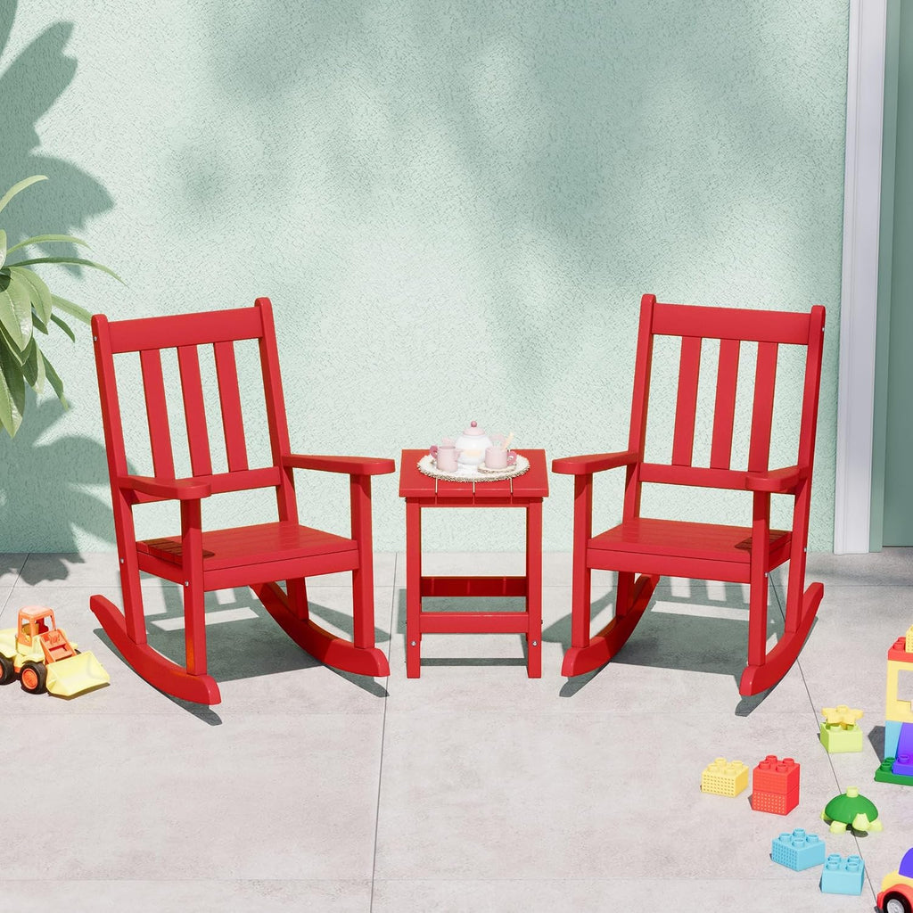 WestinTrends Malibu 3-Piece Kids Outdoor Rocking Chairs Set with Kids Square Side Table, Red