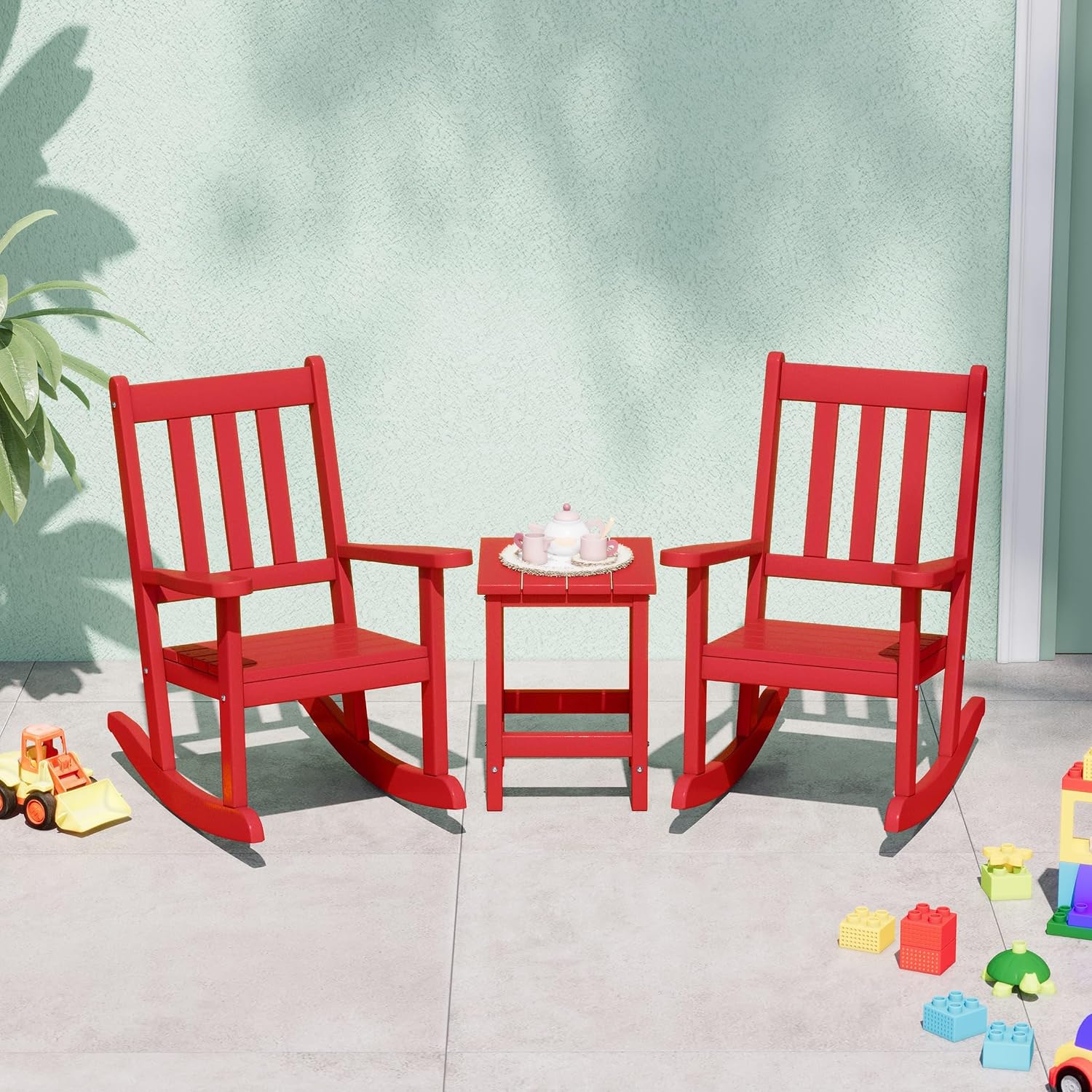 WestinTrends Malibu 3-Piece Kids Outdoor Rocking Chairs Set with Kids Square Side Table, Red