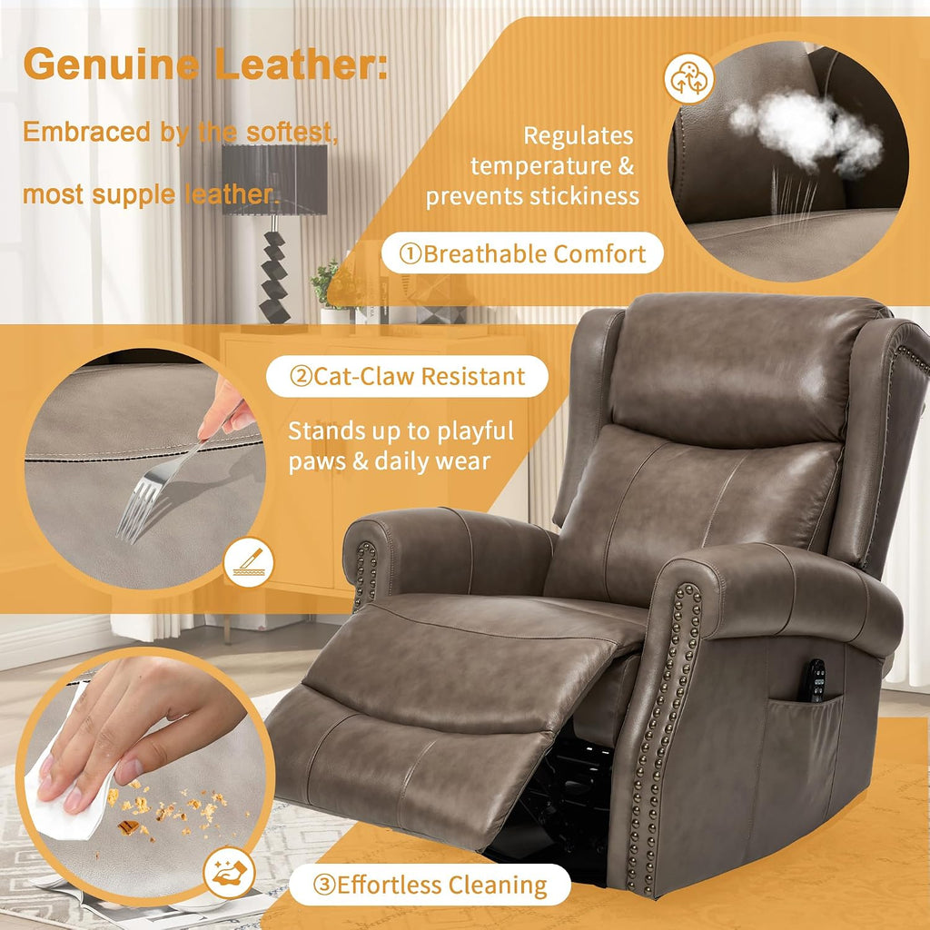 360° Swivel Glider Chair for Nursery, Wingback Genuine Leather Rocking Recliner with Lumbar Heat & Massage, 8-Point Vibration Massage for Living Room Bedroom