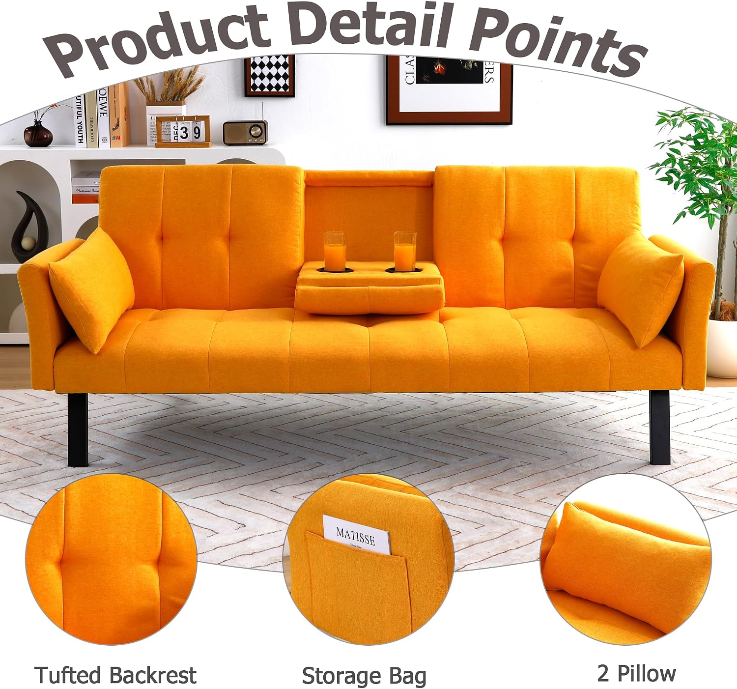 70' Futon Sofa with Cupholders,Adjustable Backrest Cotton Linen with Cup Holders and 2 Throw Pillows Sleeper Sofa for Living Room Apartment Small Space (Pumpkin Yellow)