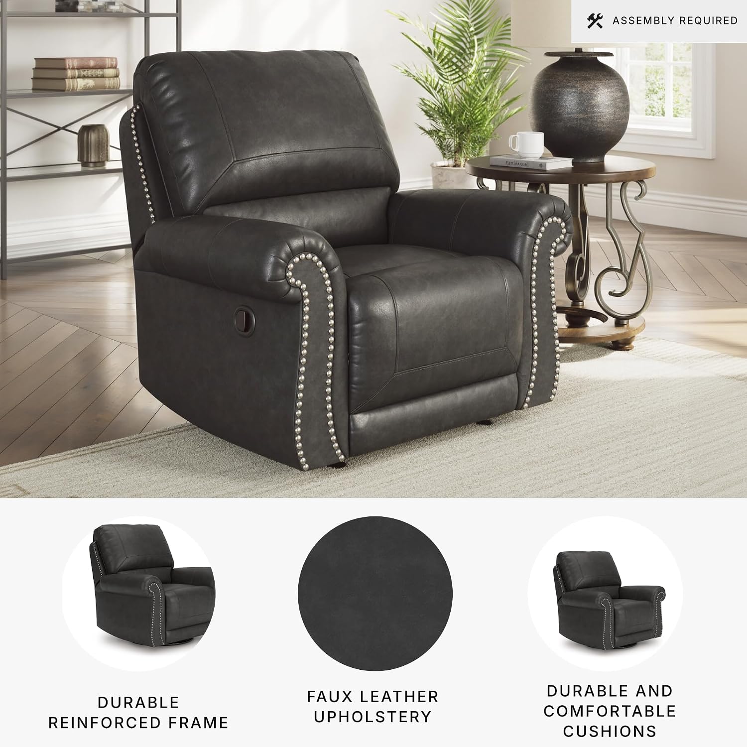 Signature Design by Ashley Shadsburne Classic Faux Leather Manual Rocker Swivel Glider Recliner with Nailhead Trim, Reinforced Frame and Metal Seat Box, 360-Degree Swivel, Black
