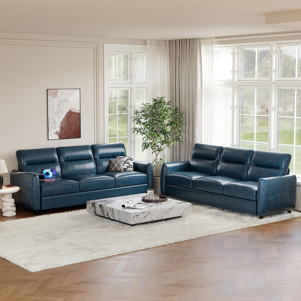 STHOUYN 85' Faux Leather Couch with USB, 3 Seater Couch for Living Room, Large Mid Century Modern Office Sofa for Apartment, Bedroom, Blue