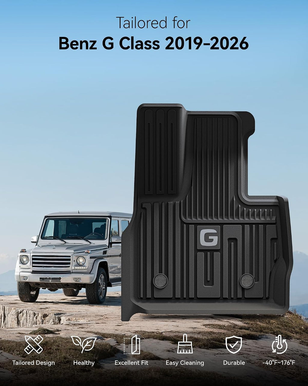 3W Floor Mats Fit for 2019-2025 2026 Mercedes-Benz G Class/G500/G550/AMG G63 SUV TPE All Weather Custom Fit Floor Liner for Benz G Class 1st & 2nd Row Car Mats, Black