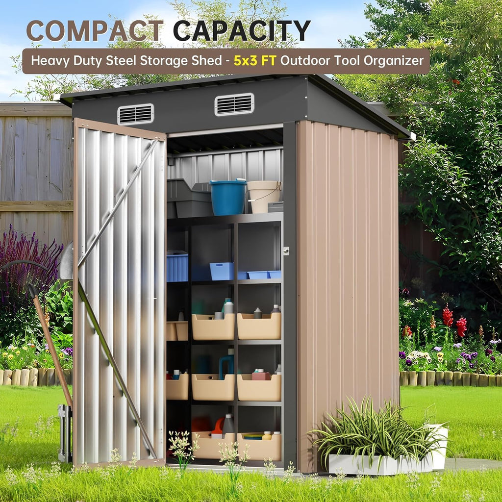 5x2.5 FT Vertical Metal Storage Shed, Lockable Outdoor Garden Tool Shed with Sloped Roof, Heavy-Duty Steel Utility Shed for Patio Backyard, Brown