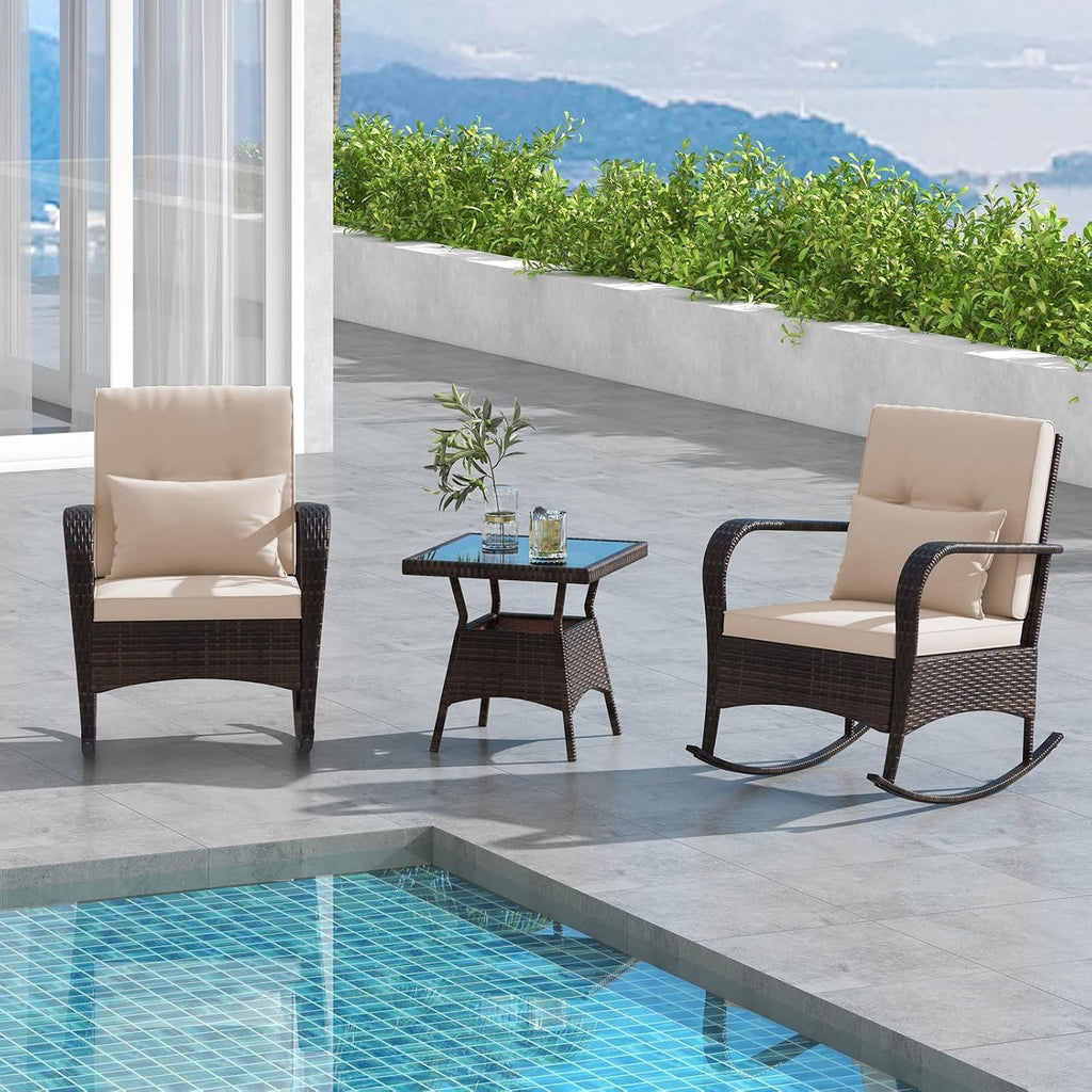 HAPPYGRILL 3 Piece Outdoor Rocking Bistro Set, Rattan Wicker Rocking Chairs with Tempered Glass Coffee Table, Rocker Chairs Set with Cushions & Pillows, for Backyard, Porch, Poolside
