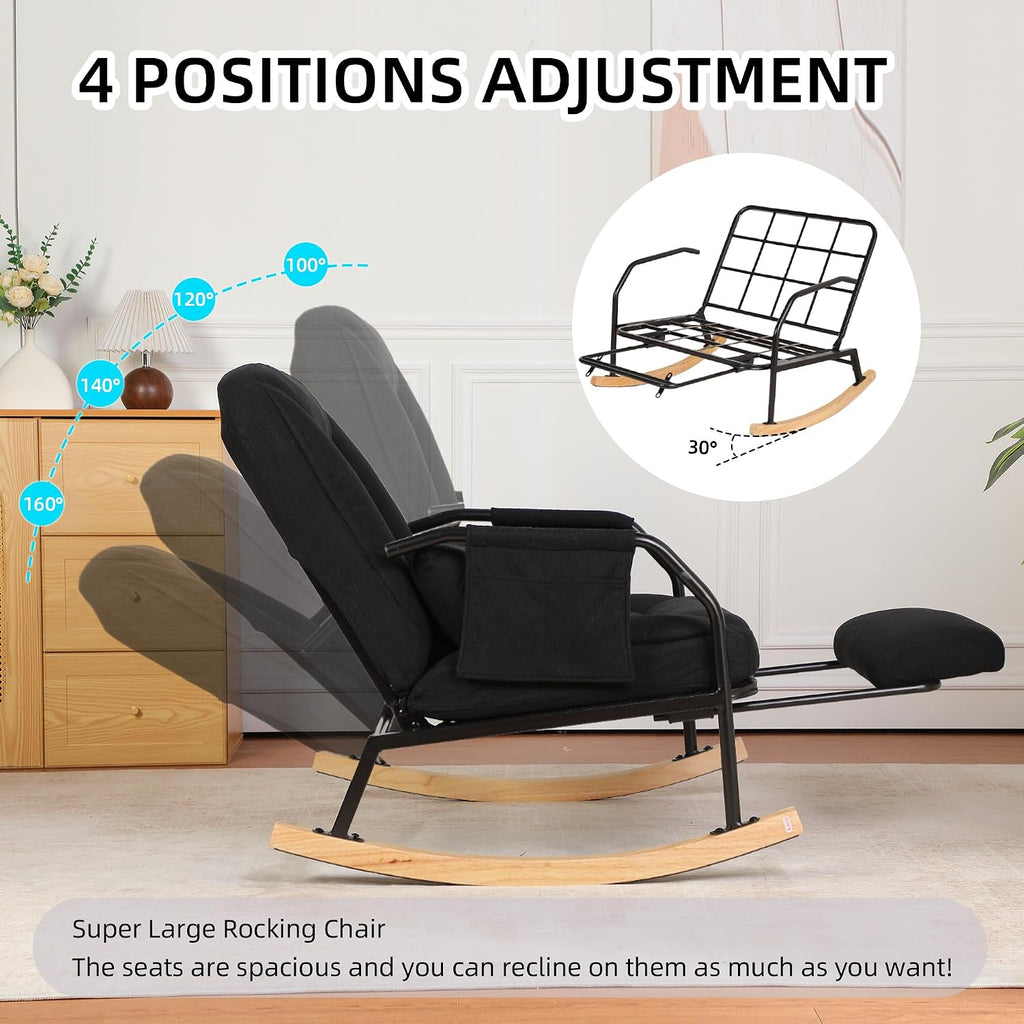 Oversized Rocking Chair, Extra-Wide Glider Patio Rocker Chairs with Foot Rest, Padded Cushion, Adjustable Backrest, Mental Wooden Farm, Indoor/Outdoor Living Room Bedroom Balcony Porch，Black