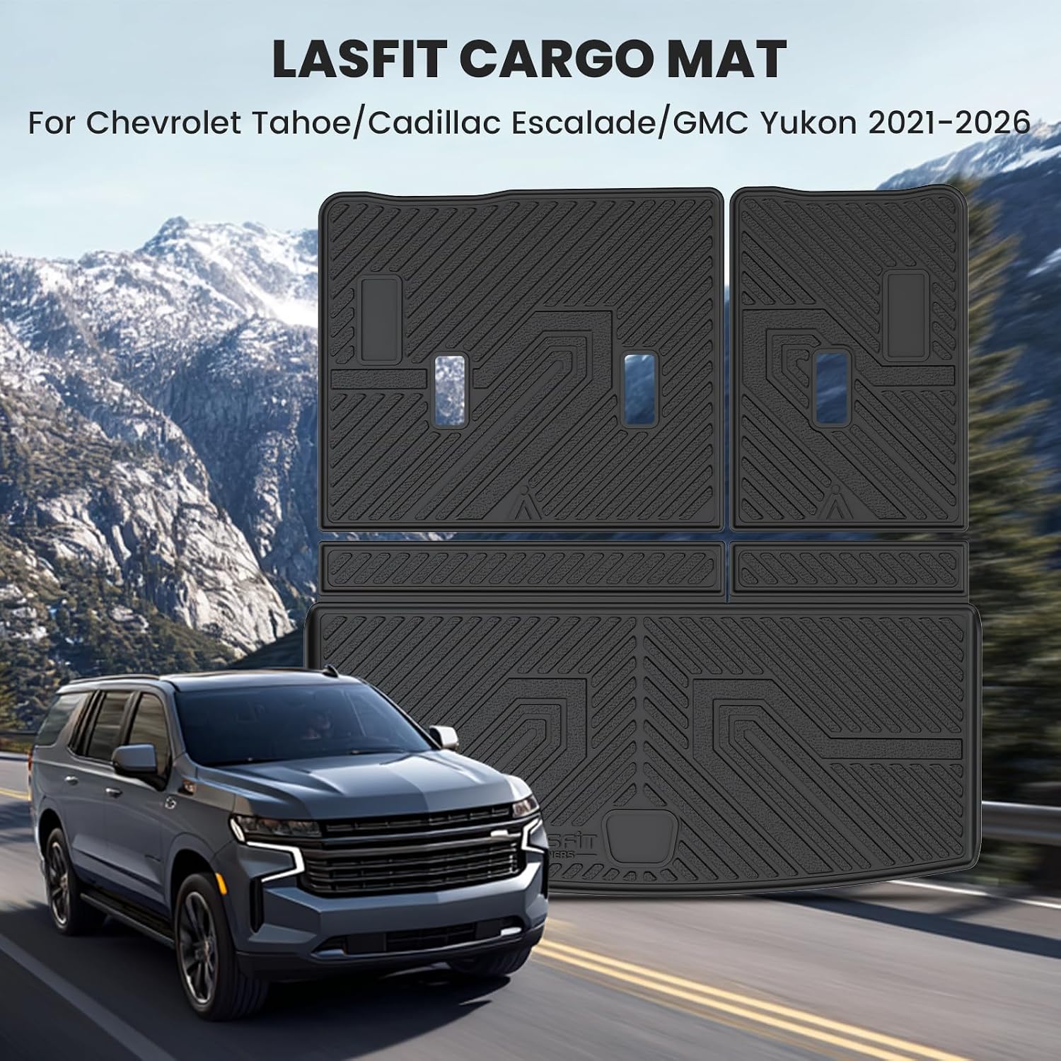 LASFIT Trunk Mat with Backrest Mat 2021-2026 for GMC Yukon (Only Yukon, Not Fit Yukon XL)/Cadillac Escalade (Only Escalade, Not Fit Escalade ESV)/Chevrolet Chevy Tahoe, All Weather TPE Custom Fit