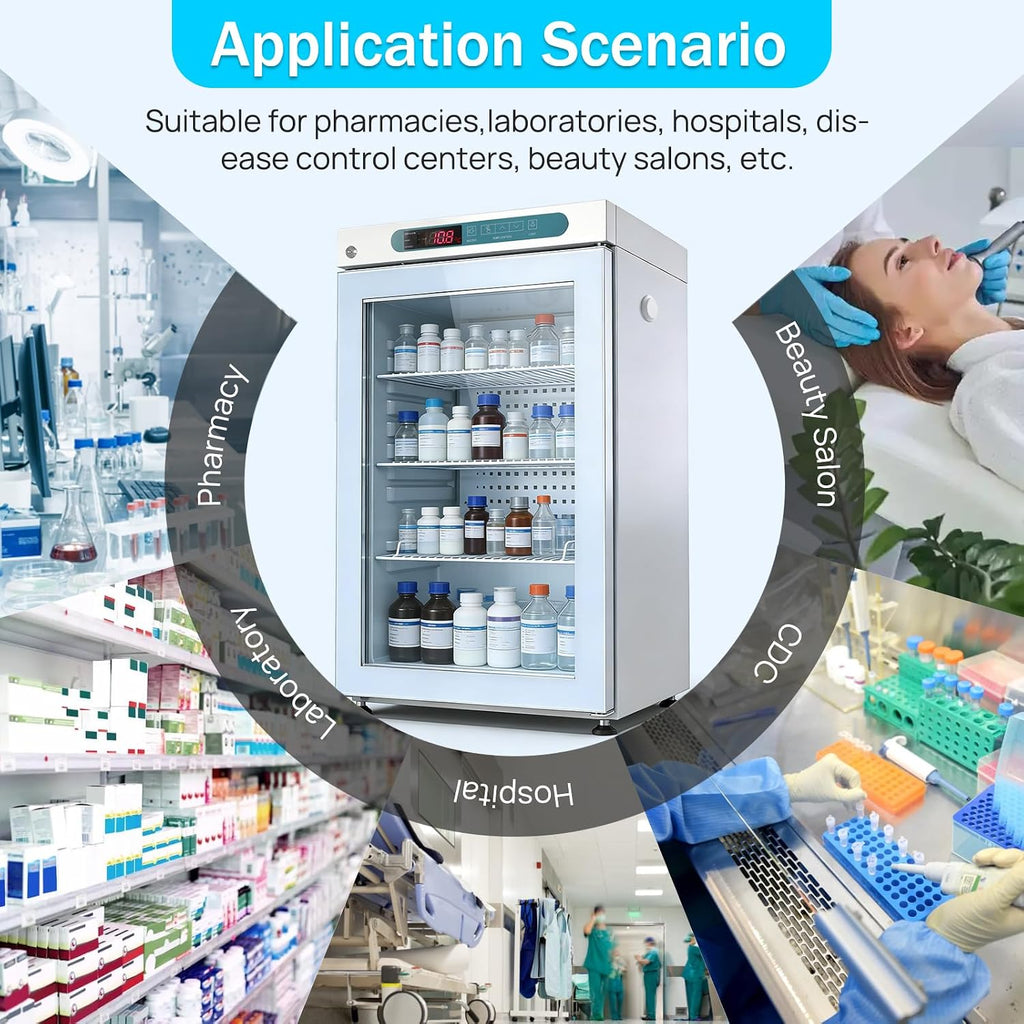 Lab Refrigerator, 2-8℃, 105L/3.7Cu.Ft, 110V, 20'' Wide Medical Refrigerator, LED Lighting Pharmacy Fridge, Digital Thermostat, Designed for Pharmacy, Medicine, Vaccine Storage