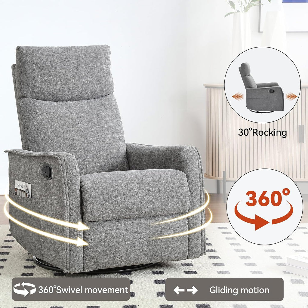 Anwick 360° Swivel Rocker Recliner Chair with Heat and Massage, Manual Upholstered Recliner for Small Spaces, Fabric Glider Nursery Chair with Side Pockets for Living Room (Grey)