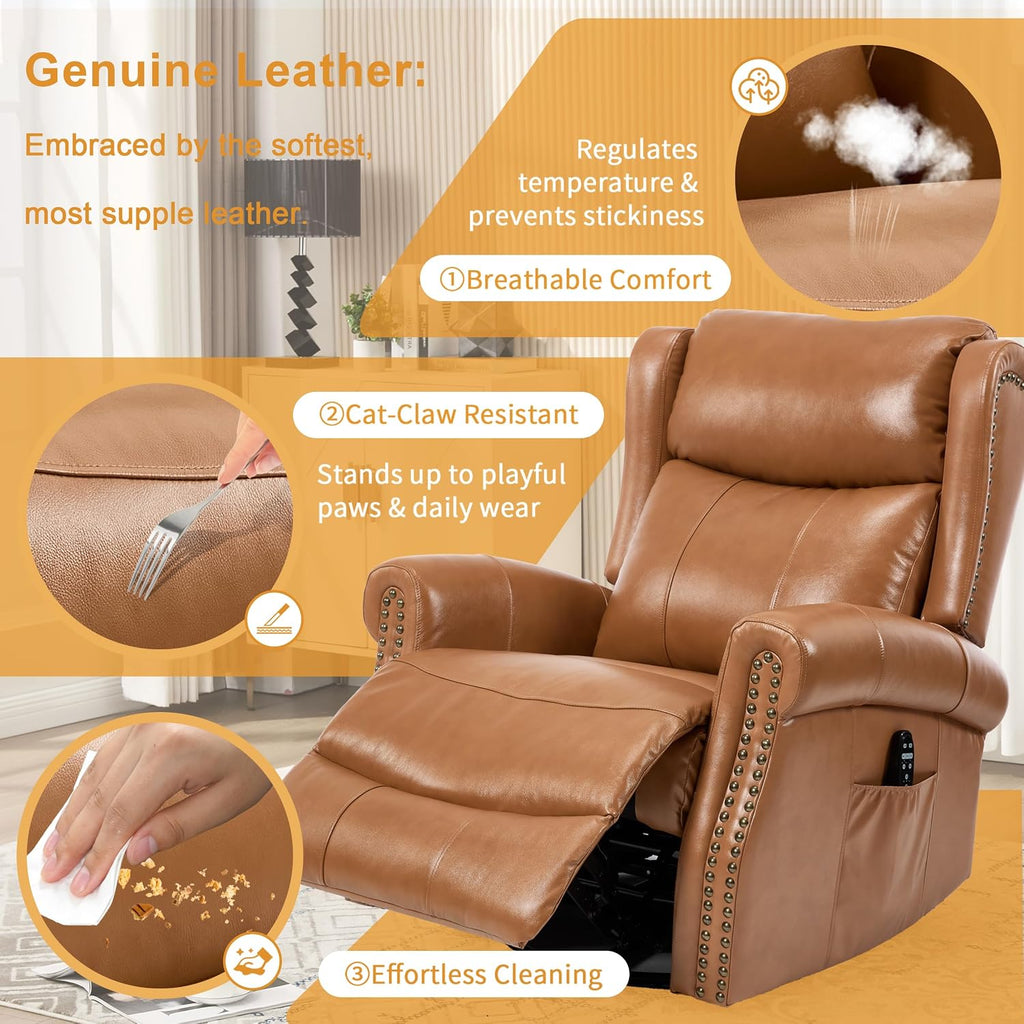 360° Swivel Glider Chair for Nursery, Wingback Genuine Leather Rocking Recliner with Lumbar Heat & Massage, 8-Point Vibration Massage for Living Room Bedroom