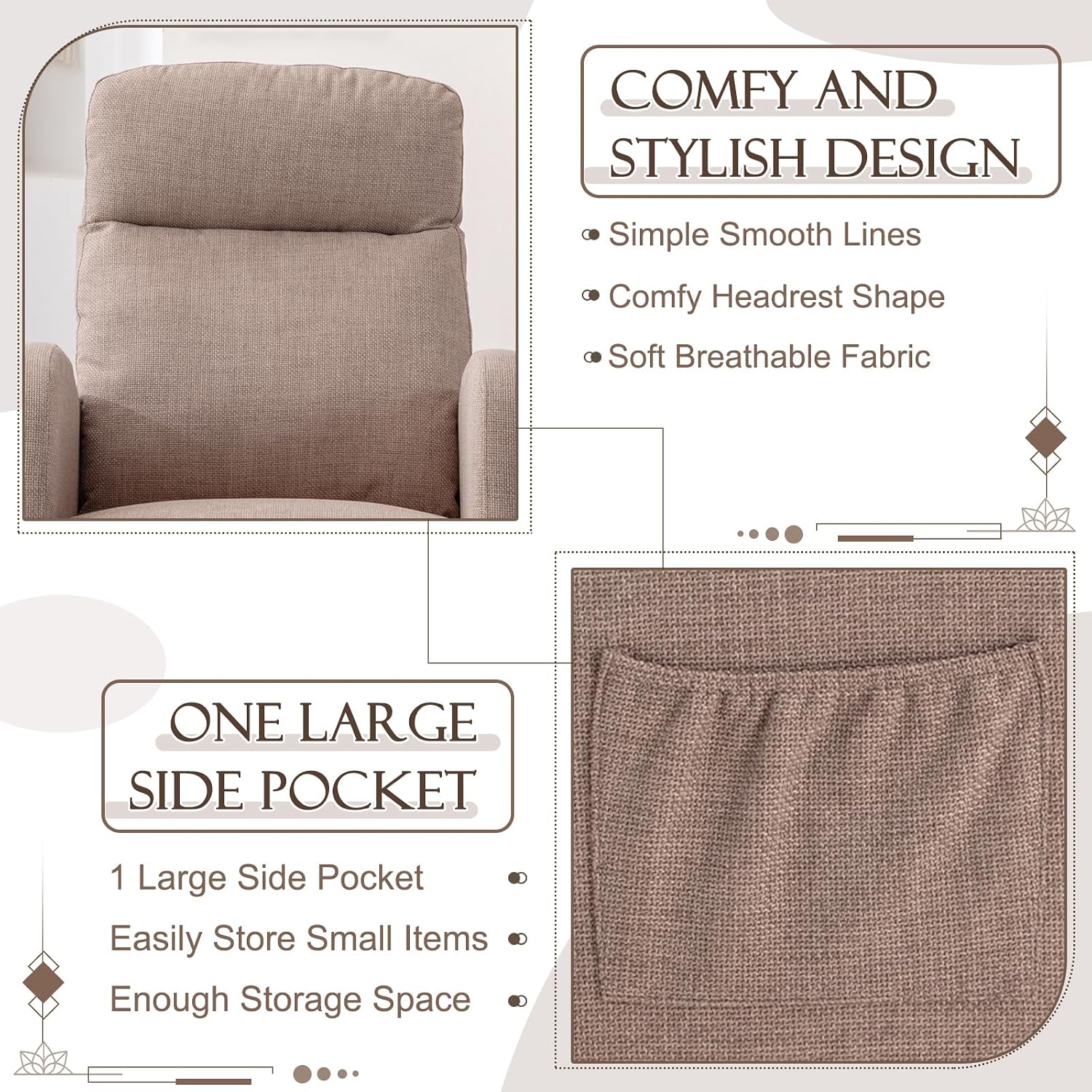 Upholstered Rocking Chair for Nursery, Accent Glider Rocker with Side Pocket, Comfy Armchair with Tall Backrest and Double Layer Cushion, Baby Nursery Glider for Living Room, Bedroom (Camel Brown)