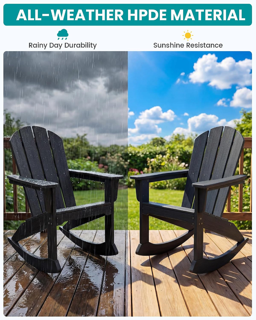 SERWALL Outdoor Adirondack Rocking Chairs Set of 6, All-Weather HDPE Adirondack Rocker Chair, Front Porch Rocker Chairs for Patio Lawn Porch Deck, Black