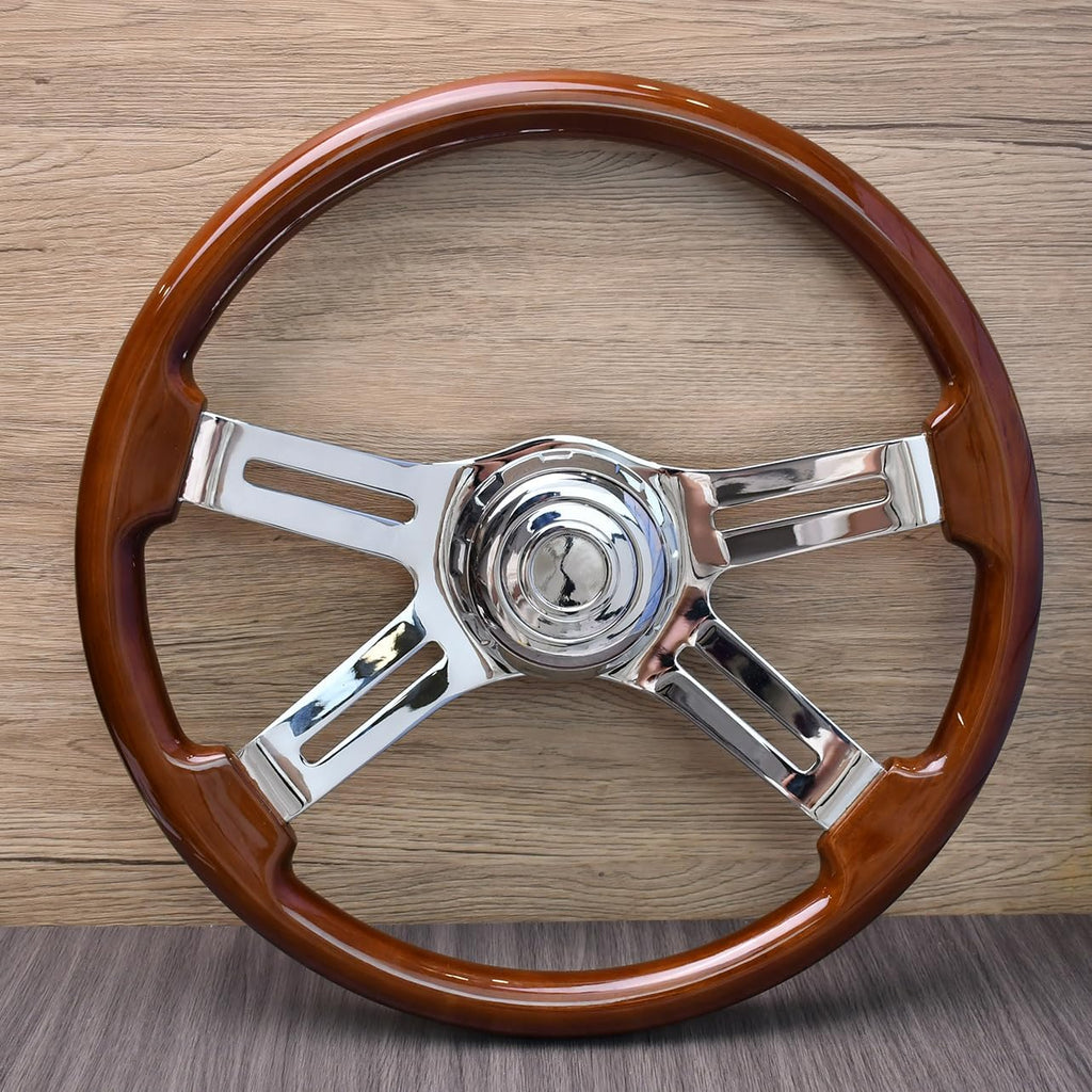 18'' Wooden Steering Wheel with 4 Spokes and 2'' Deep Plated Bracket, Modified Interior Accessory for Semi-Trailers, Compatible with Kenworth, Peterbilt, Volvo, Freightliner Trucks (Wood)