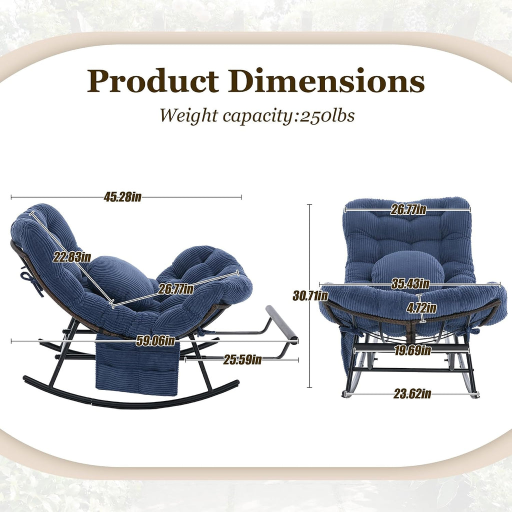 Rocking Chair Indoor & Outdoor, Oversized Patio Papasan Recliner Chair with Footstool Pillow & Side Pocket for Bedroom, Living Room, Garden, Balcony, Lawn (Blue)