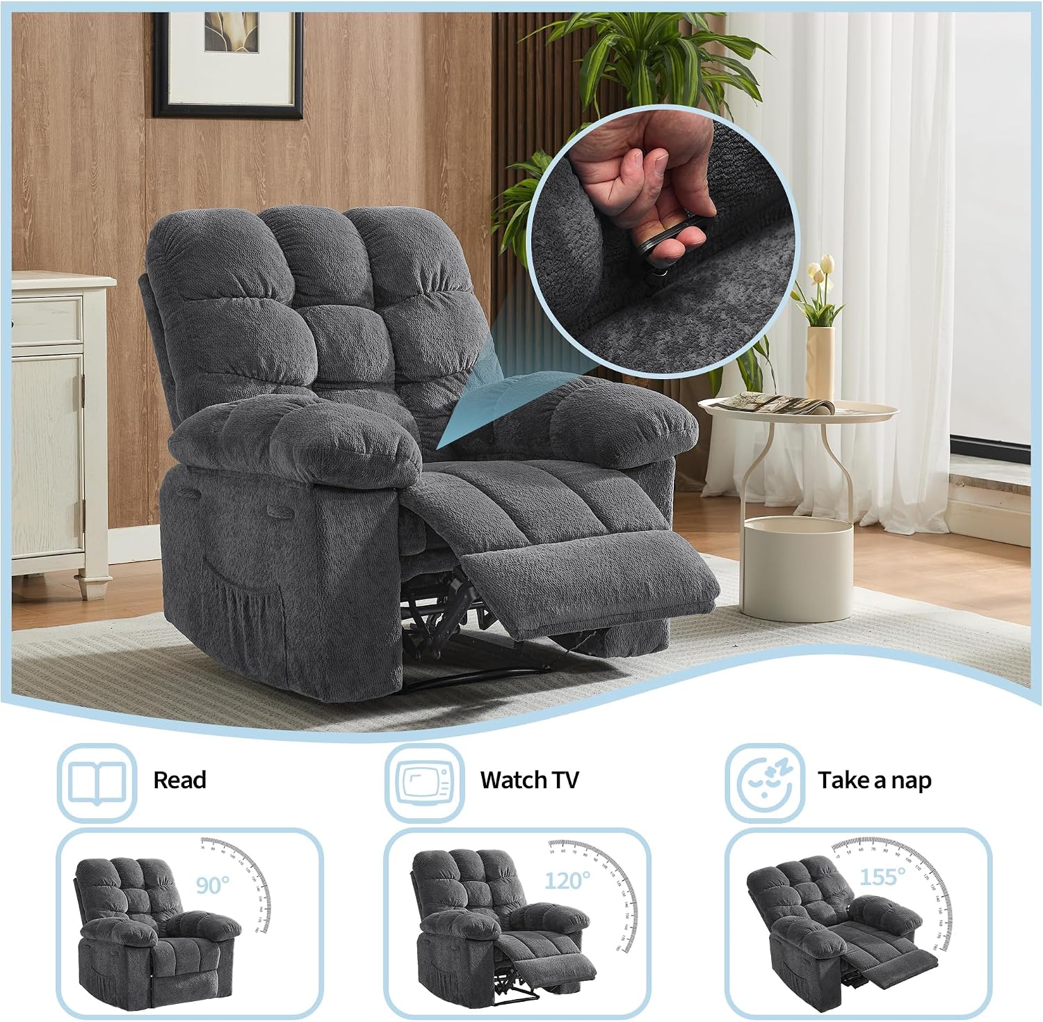 Manual Recliner Chair, Oversized Recliner for Adults with Extra Wide Arm and Back, Lazy Boy Recliner with Side Pockets, Comfy Breathable Fabric Large Nursery Rocking Chair for Living Room Bedroom