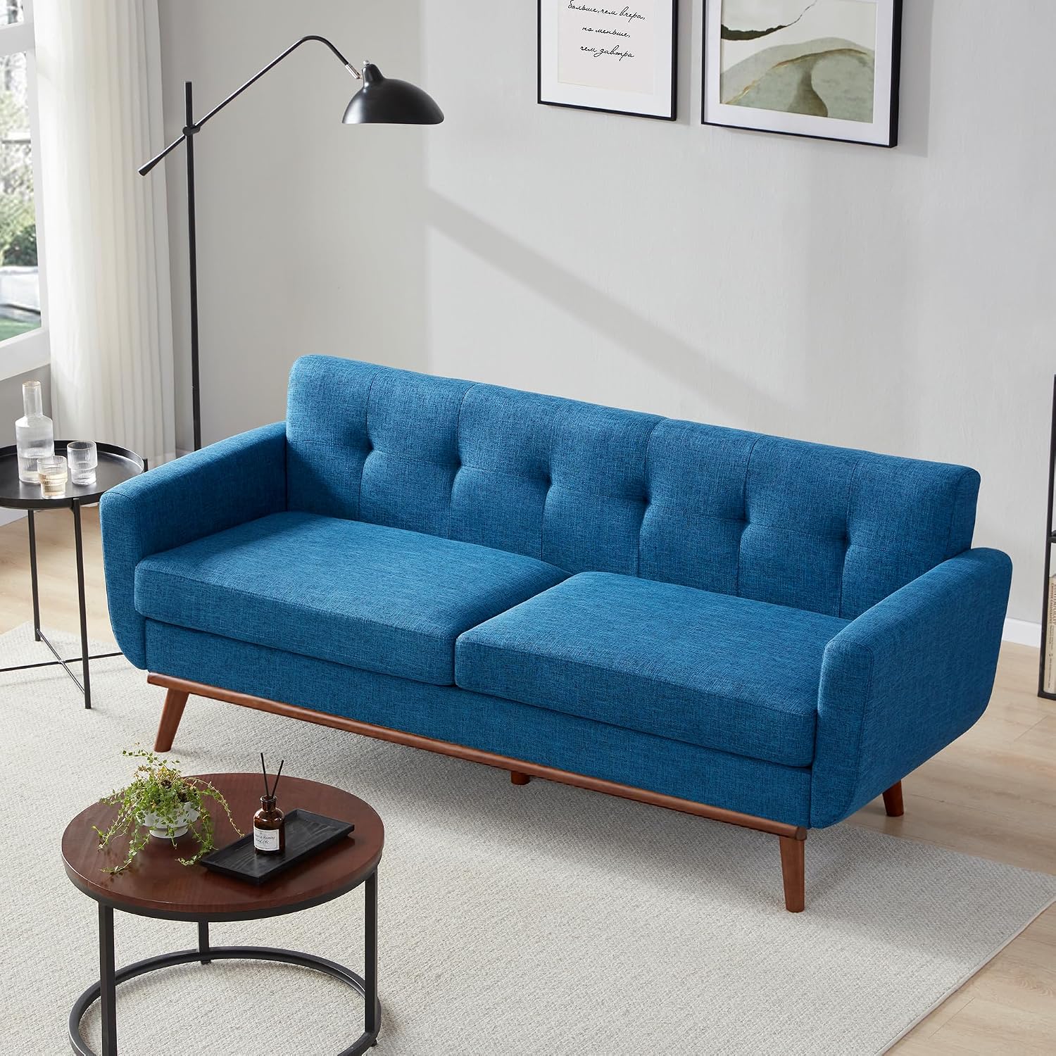 Kingfun 77.2' W Loveseat Sofa, Mid Century Modern Decor Love Seat Couches for Living Room, Button Tufted Upholstered Furniture, Solid & Easy to Install Small Couch for Bedroom Office Apartment, Blue