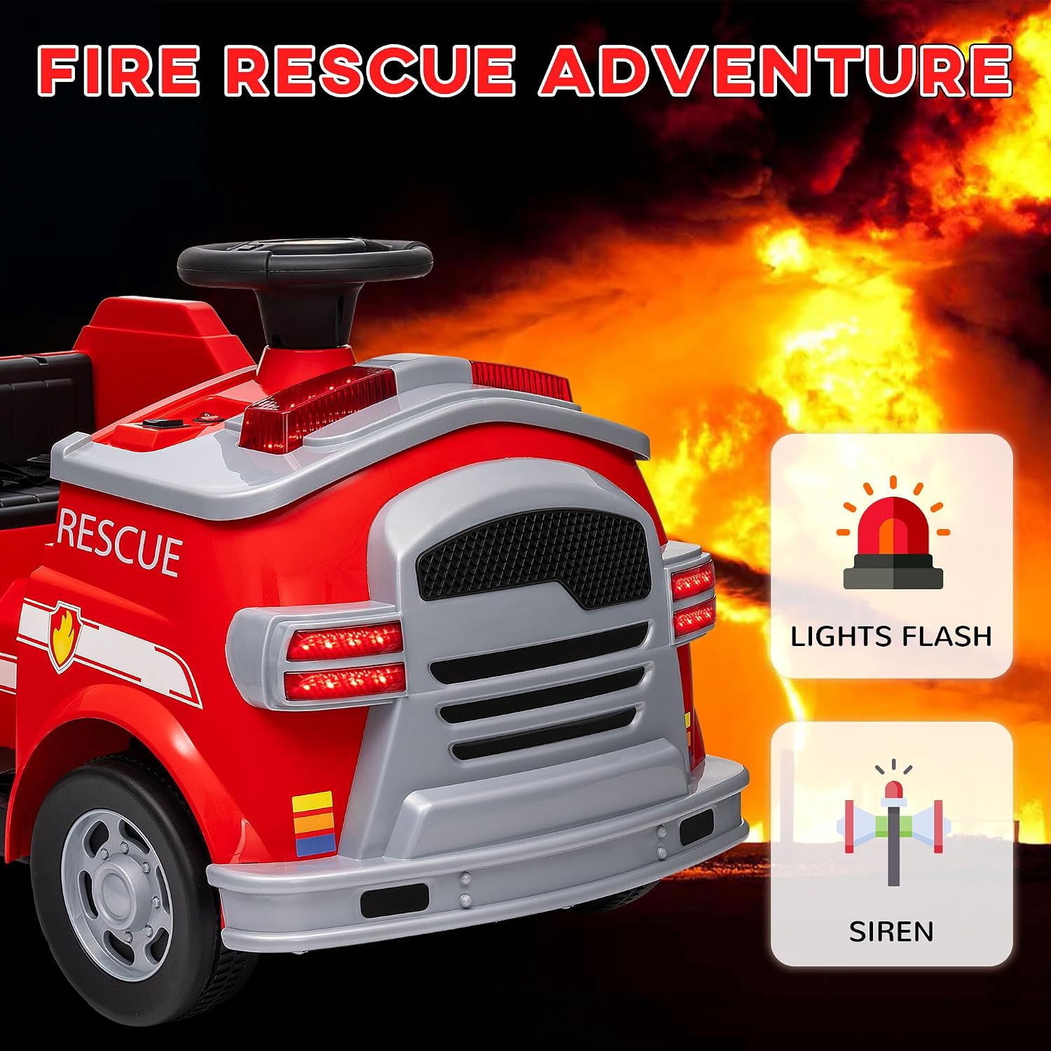 Qaba 12V Ride on Fire Truck, Battery Powered Electric Car for Kids with Siren, Flashing Lights, Fire Extinguisher, Shovel, Wrench, Ladder, Soft Start, Horn Music and, Red