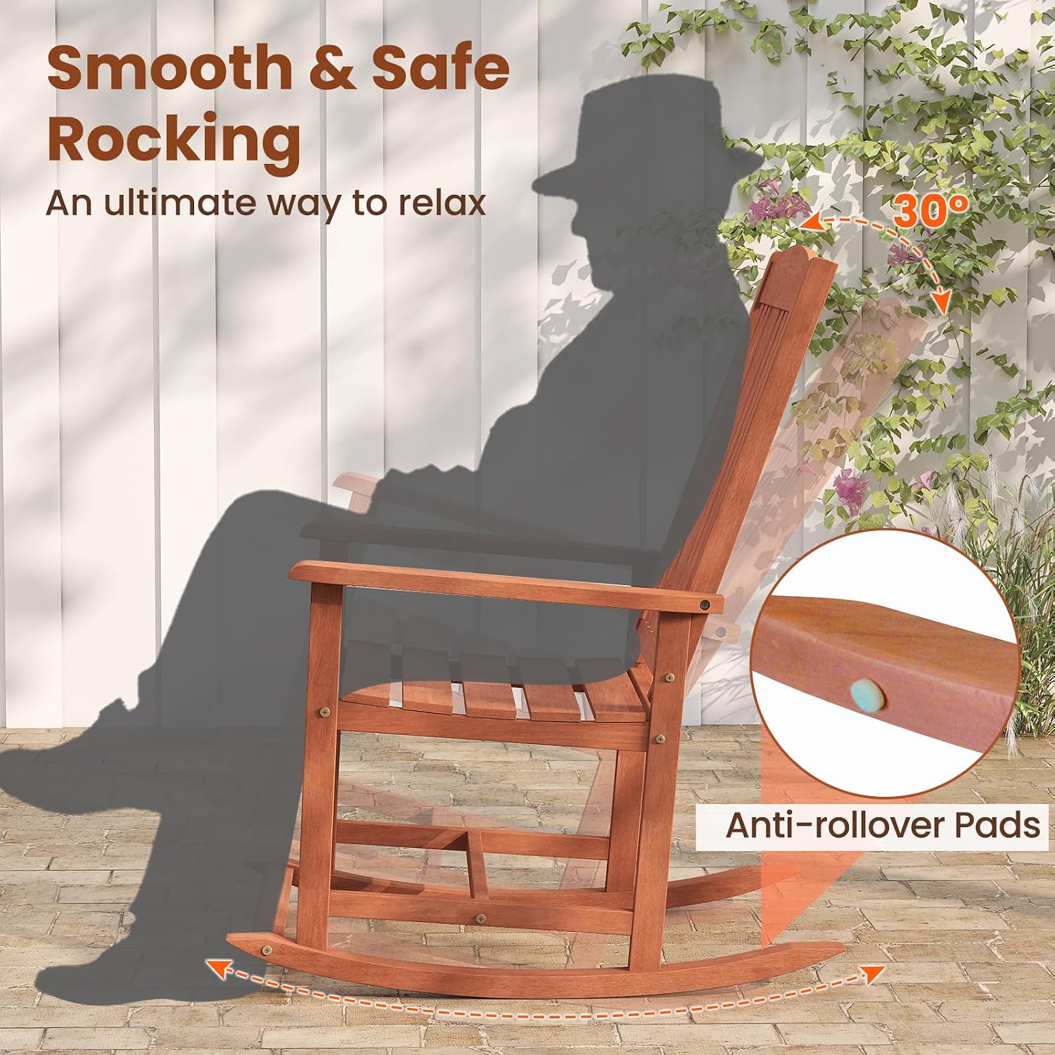 Tangkula Outdoor Patio Wood Rocking Chair, Relaxing Rocker w/High Backrest, Wide Armrests, Curved Seat, for Porch, Patio, Garden, Backyard, 400 LBS Support, Natural (2)