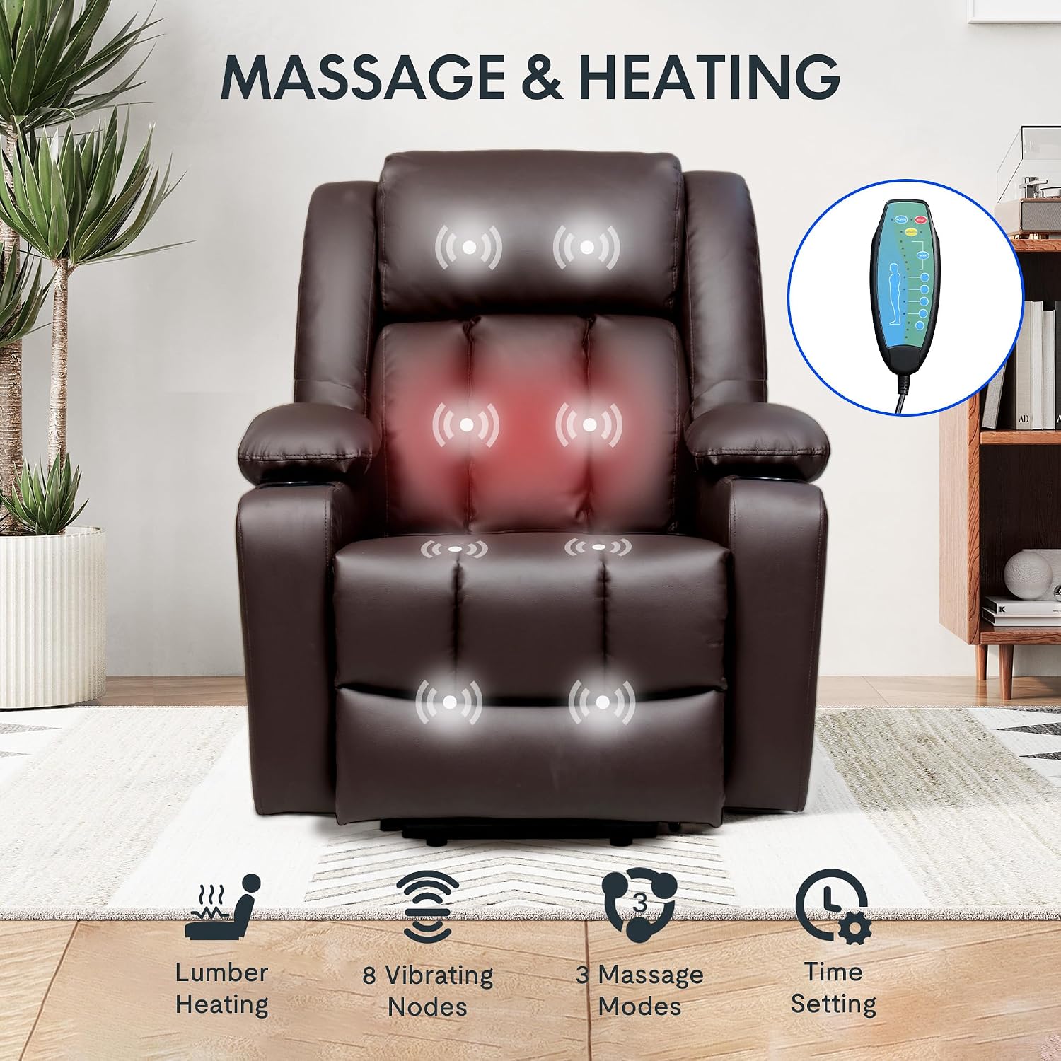 FLEXISPOT XL31 Power Lift Recliner Chair for Elderly, Electric Lift Chair with Massage & Heat, PU Leather Reclining Sofa w/Cup Holders for Living Room Bedroom, FSC Certified(Medium Size,Brown)