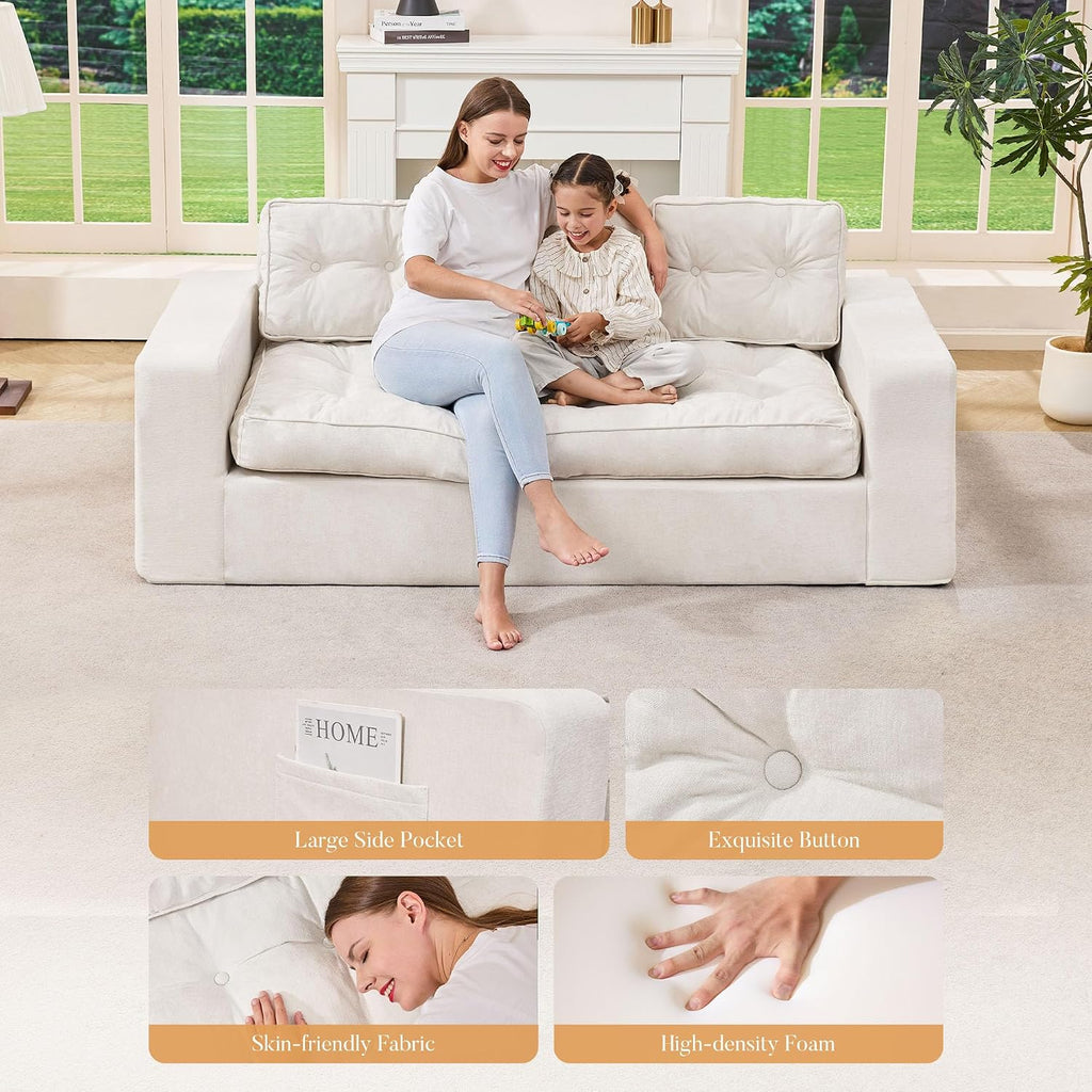 Hobestluk 3-Seater Sofa Boneless Couch with Tufted Button Design 2 in 1 Comfy Cloud Couch Oversized Sofa for Living Room Bedroom Apartment or Office (Beige, 3 Seater)