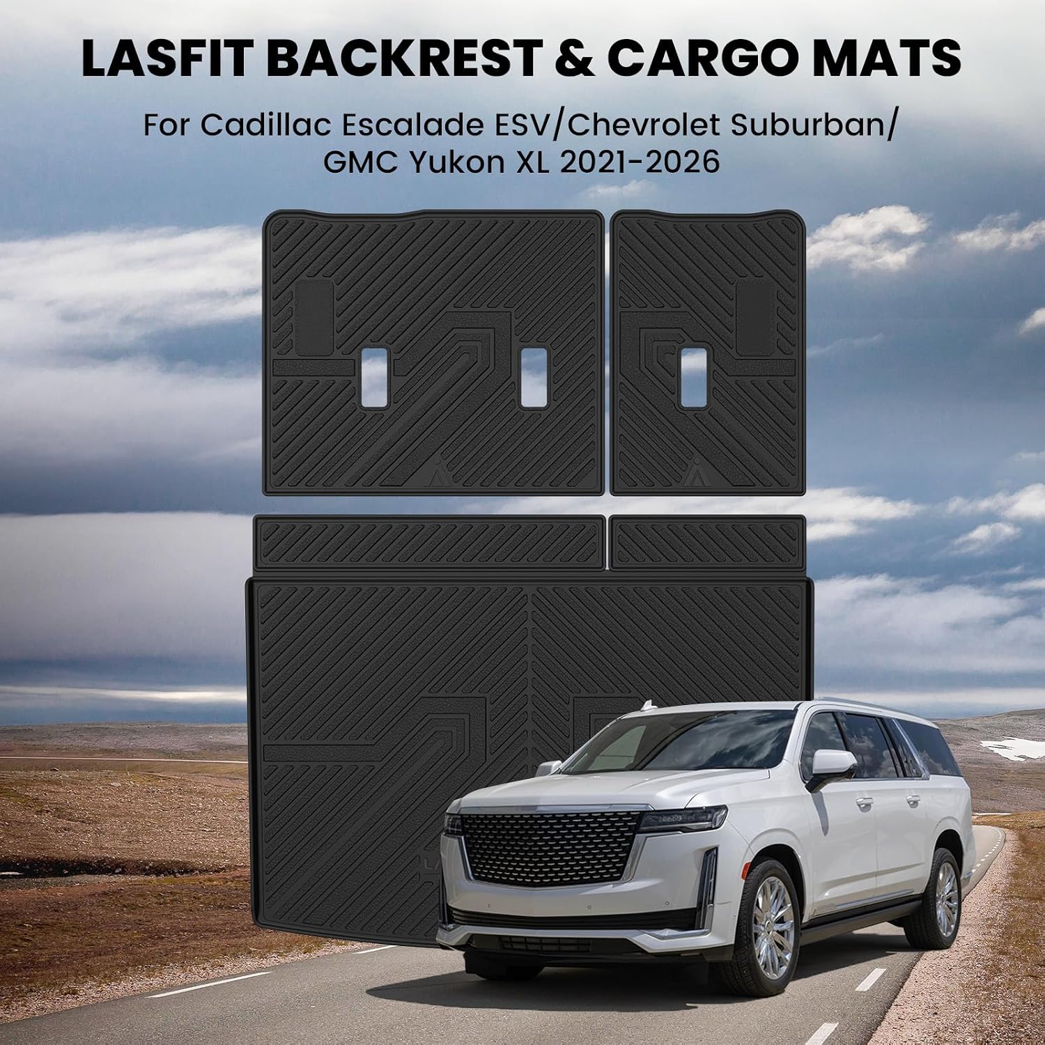 LASFIT Trunk Mat with 3rd Row Backrest Mat 2021-2026 for Chevrolet Chevy Suburban/GMC Yukon XL (Only Yukon XL, Not Fit Yukon)/Cadillac Escalade ESV (Only Escalade ESV, Not Fit Escalade)