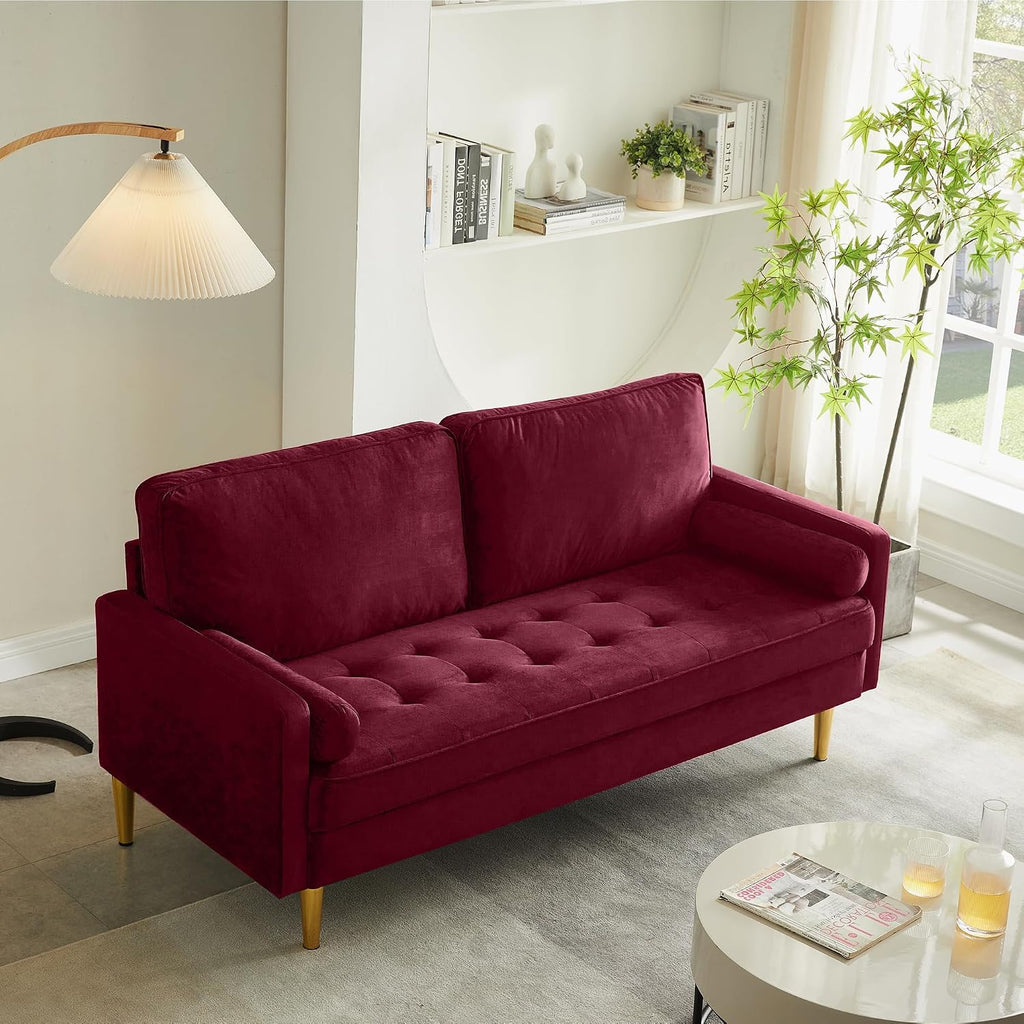 67' Modern Velvet Loveseat Sofa Couch, Mid-Century Tufted Upholstered Small Love Seat Couch with 2 Pillows & 4 Golden Legs, 2-Seats Couches for Compact Space, Living Room, Apartment (Burgundy)