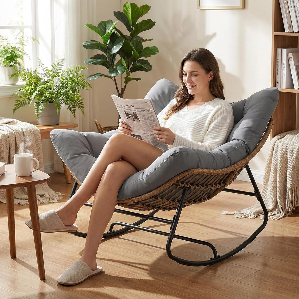 SUNBURY Rocking Chair, Rattan Wicker Egg Chair with Thick Cushion - 45 in Oversized Papasan Chair for Indoor/Outdoor, 330lbs Weight Capacity, Modern Boho Patio/Backyard/Living Room Seating