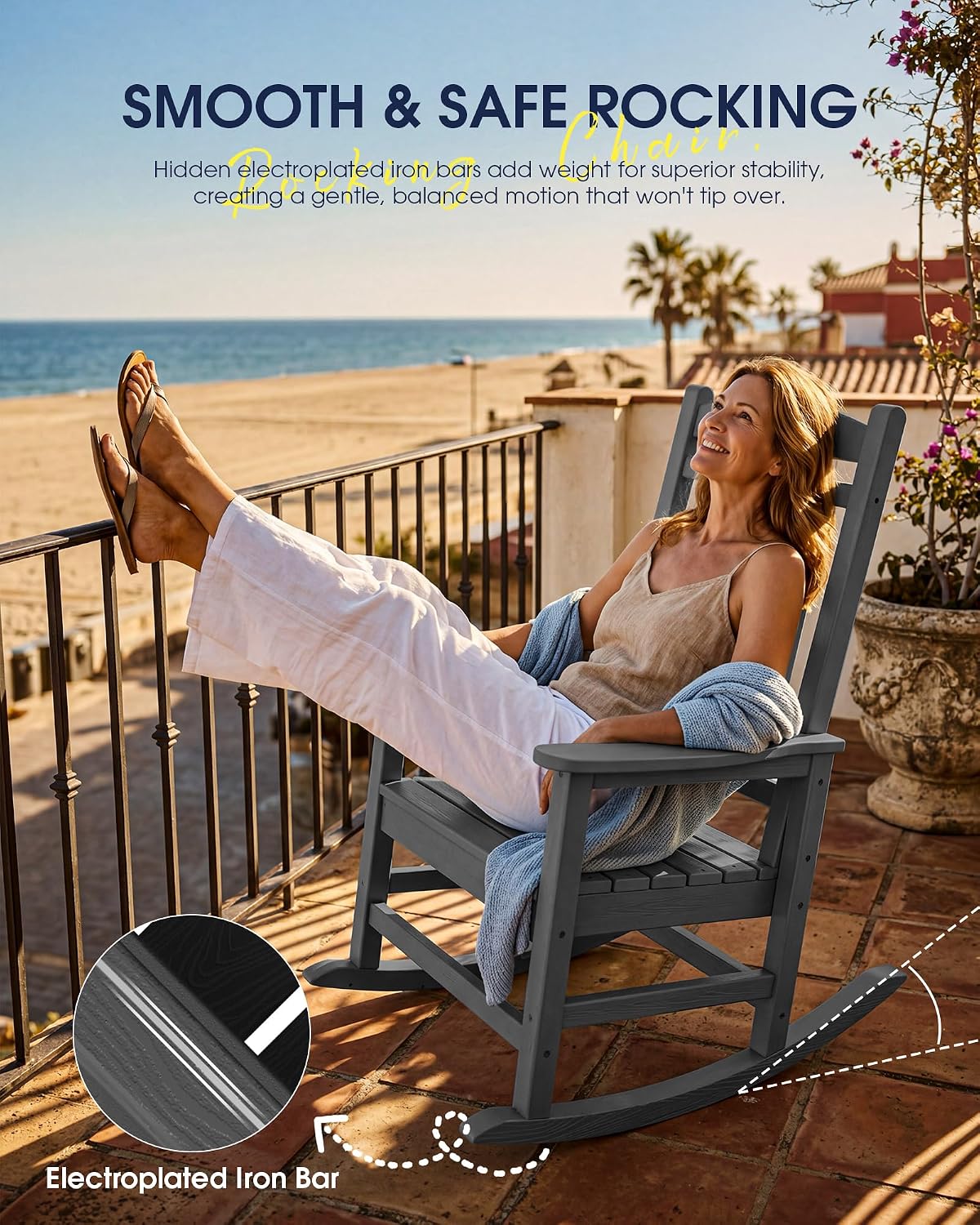 KINGYES Oversized HDPE Patio Rocking Chair Set of 2, Outdoor Rocking Chairs Porch Recliner Rocker for Adults, Grey