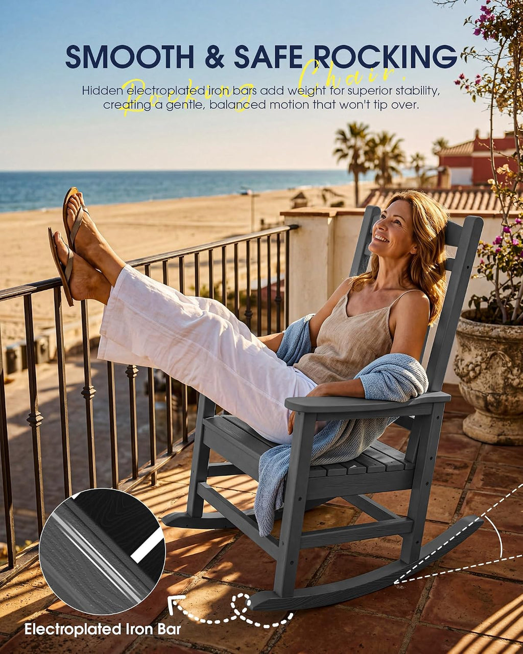 KINGYES Oversized HDPE Patio Rocking Chair Set of 6, Outdoor Rocking Chairs Porch Recliner Rocker for Adults, Grey