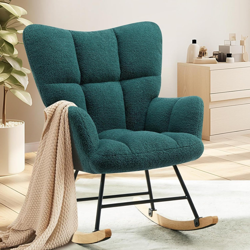 YSSOA Rocking Chair Nursery Teddy - Upholstered Comfy Glider Rocker with High Back Armchair, Cozy Reading Recliner Fluffy Comfortable Chair for Bedroom, Baby Room, Living Room and Study, Green